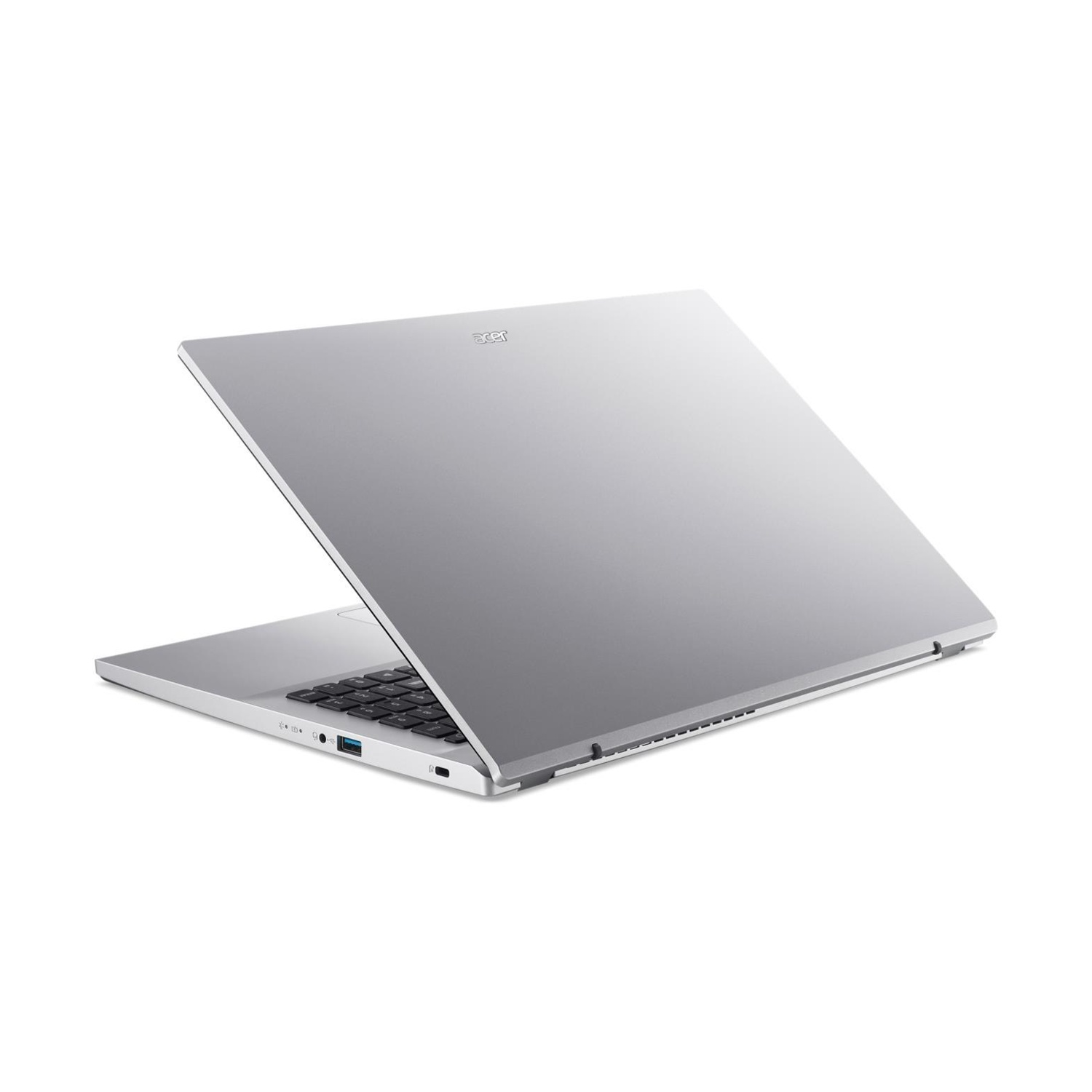 Un laptop Acer argentato è aperto su una superficie bianca. Lo schermo è inclinato all'indietro, rivelando la tastiera e il logo Acer.