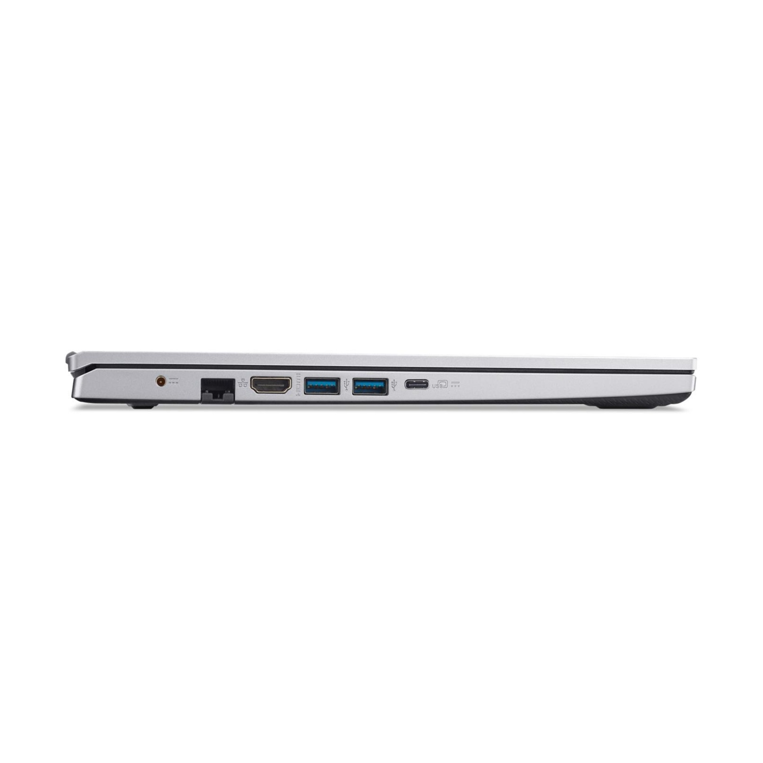 Vista laterale di un laptop argentato. Le porte includono USB, HDMI e alimentazione. Il laptop è su sfondo bianco.
