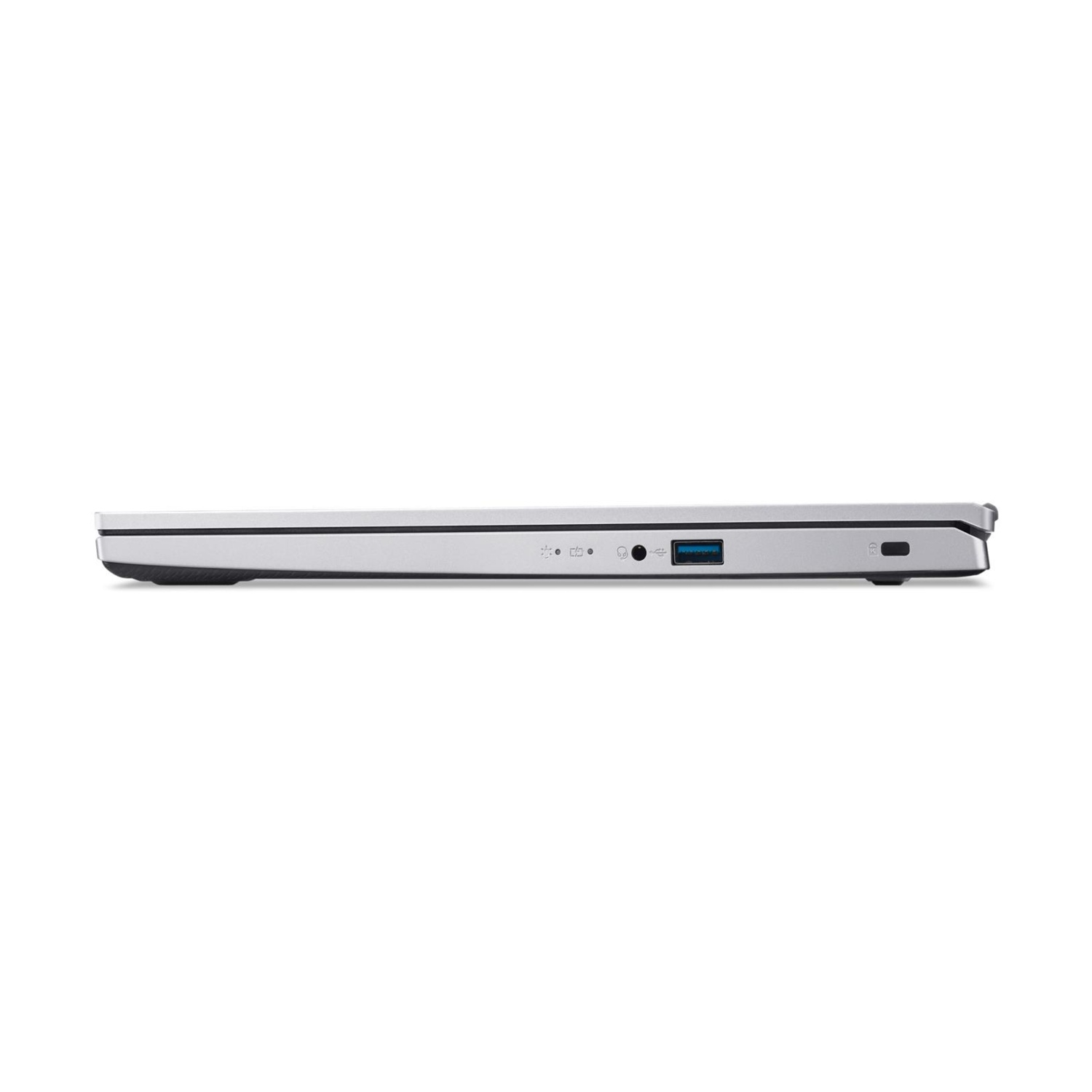 Vista laterale di un laptop argentato, che mostra le porte e una porta USB. Lo sfondo è bianco.