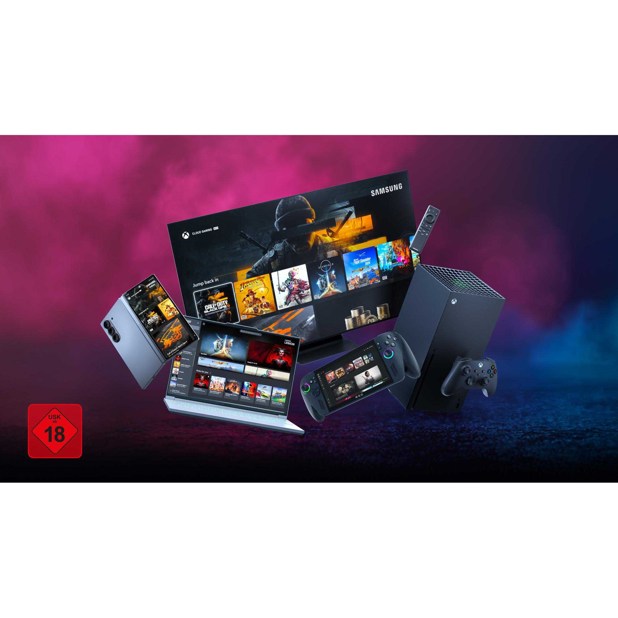 Ein Werbebild mit Gaming-Geräten: TV, Laptop, Handy, Konsole und Controllern, mit USK 18 Bewertung.