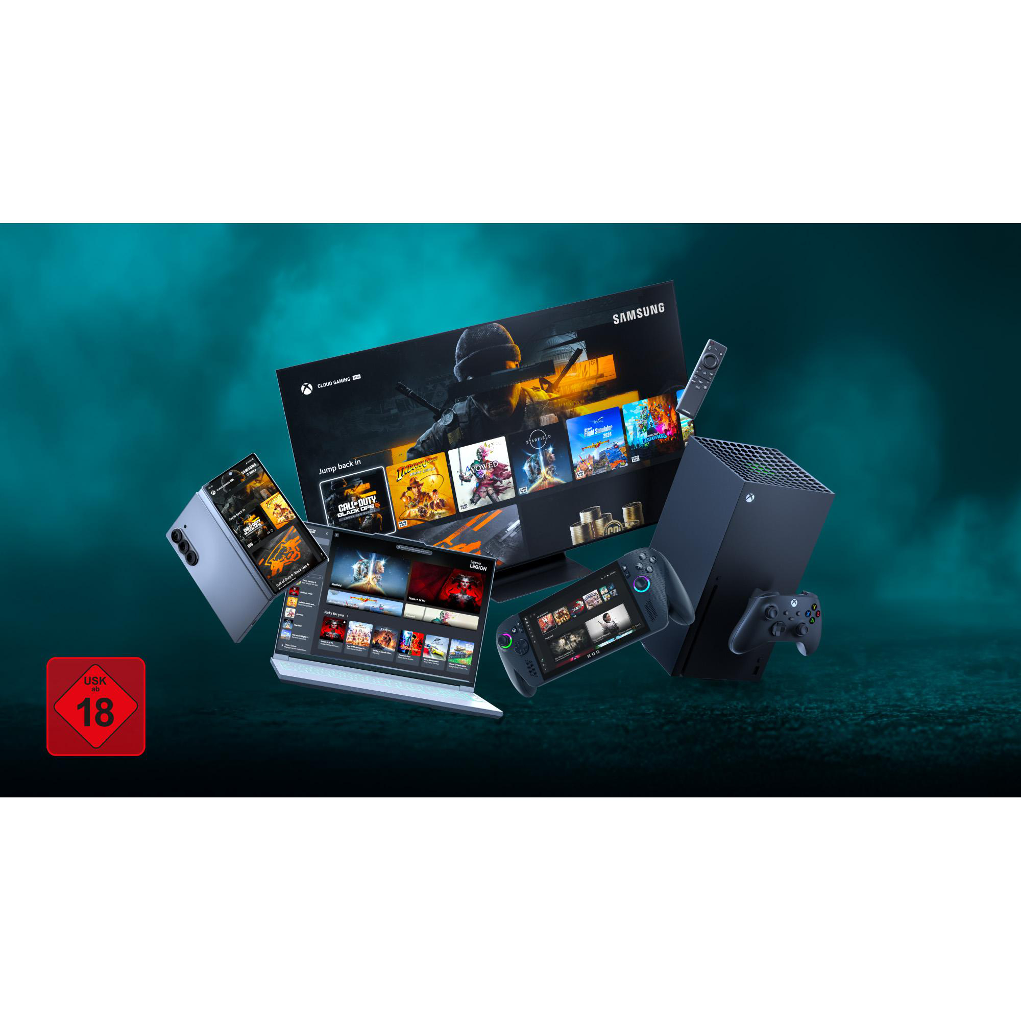 Schwebende Gaming-Geräte: Fernseher, Telefon, Laptop, Xbox, Controller und Handheld-Konsole. Spiele werden angezeigt. USK 18 Logo.