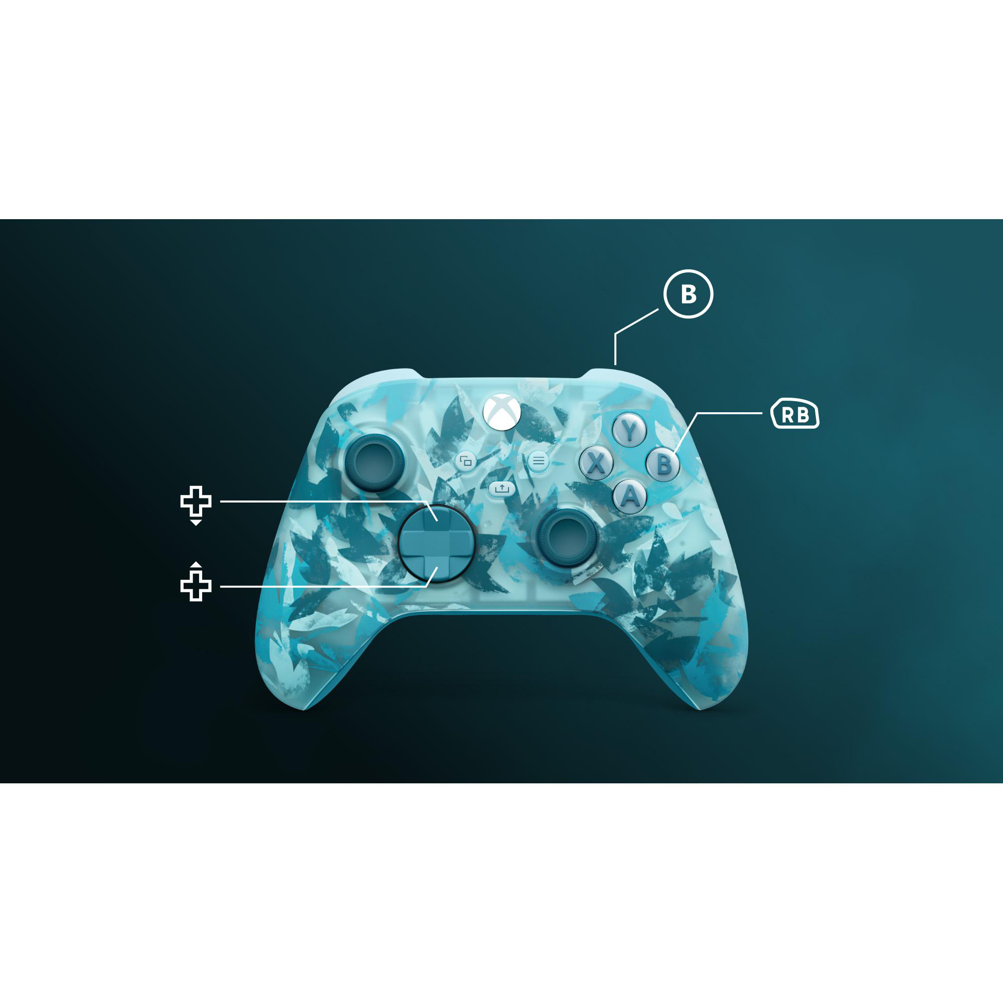 Ein Xbox-Controller mit blau-weißem Blättermuster, beschrifteten Tasten, auf dunklem tealfarbenem Hintergrund.