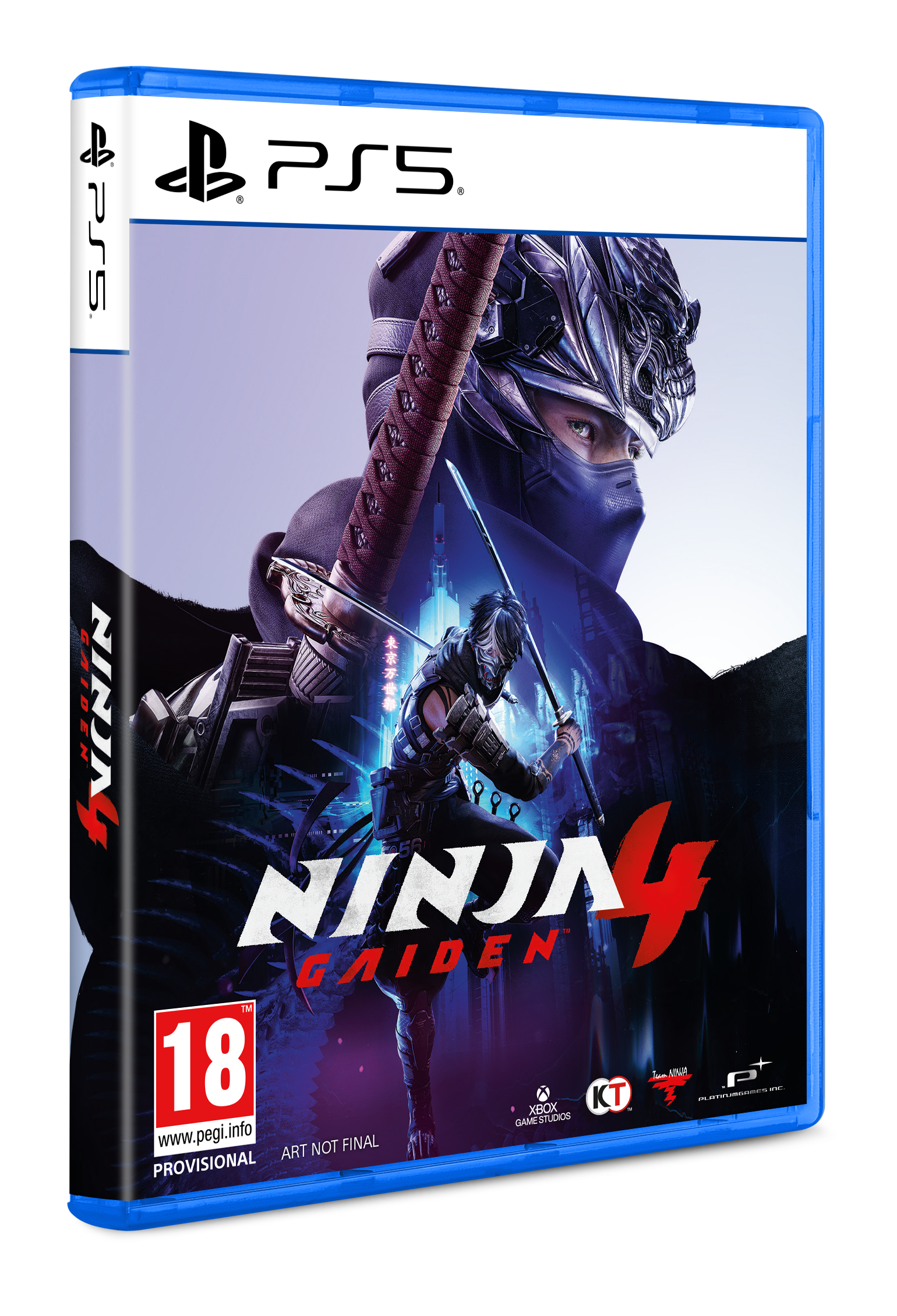 Spielcover für Ninja Gaiden 4. Ein Ninja mit Schwert in Aktion. PS5-Logo und Altersfreigabe sind sichtbar.