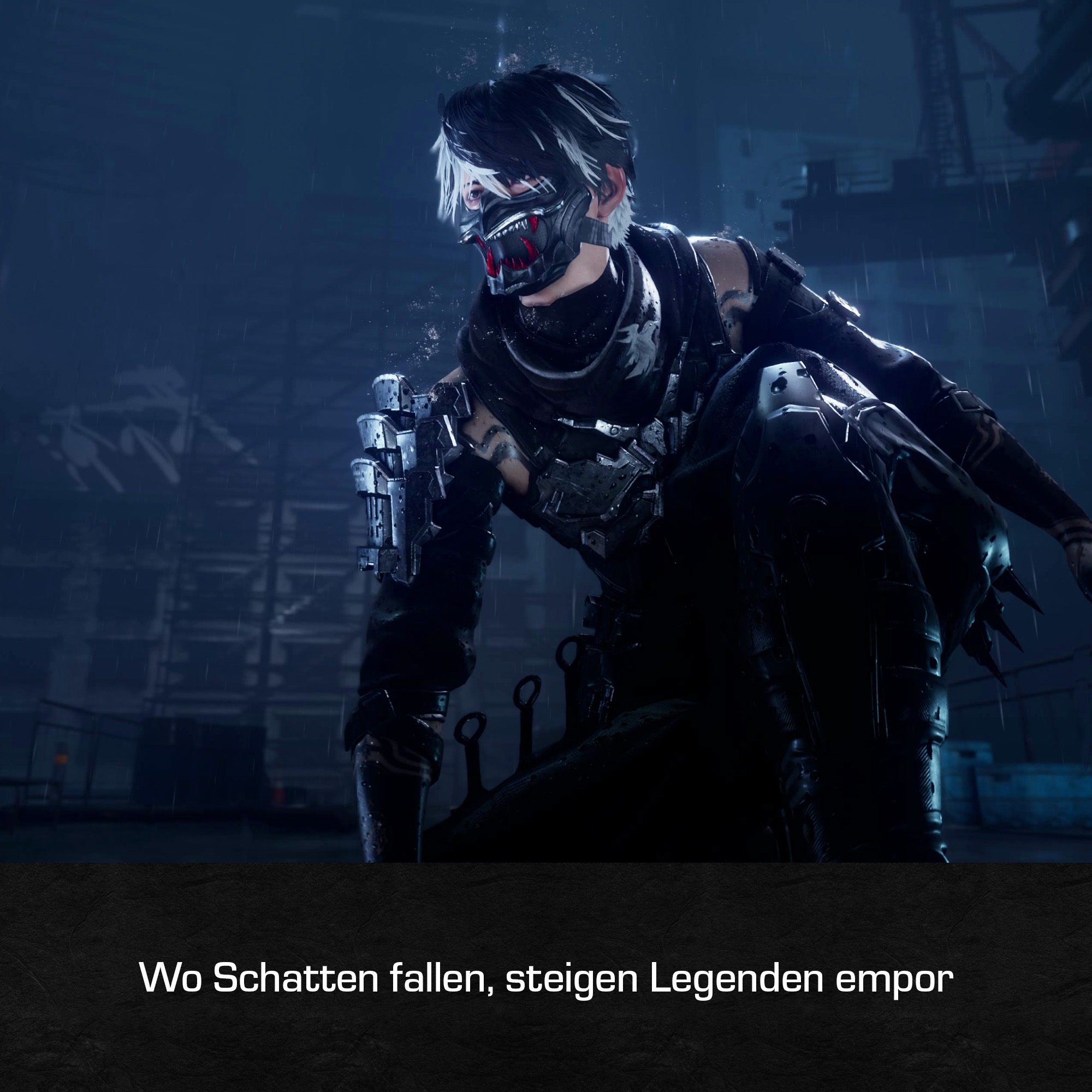 Ein futuristischer Krieger mit Maske steht im Regen. Der Hintergrund zeigt eine dunkle, industrielle Umgebung mit Text unten.
