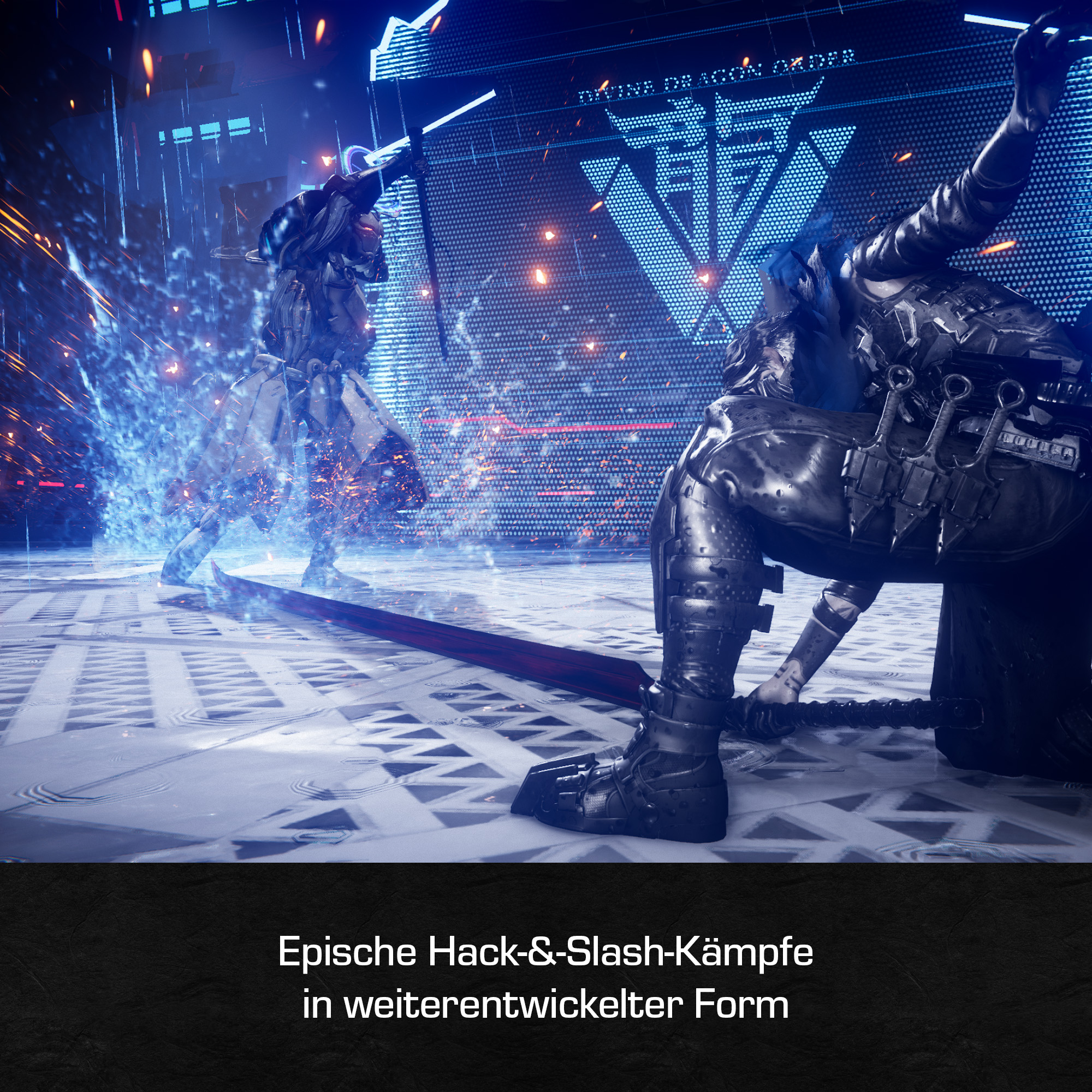 Zwei gepanzerte Figuren kämpfen mit Schwertern in futuristischer Umgebung mit blauen und orangen Lichtern.