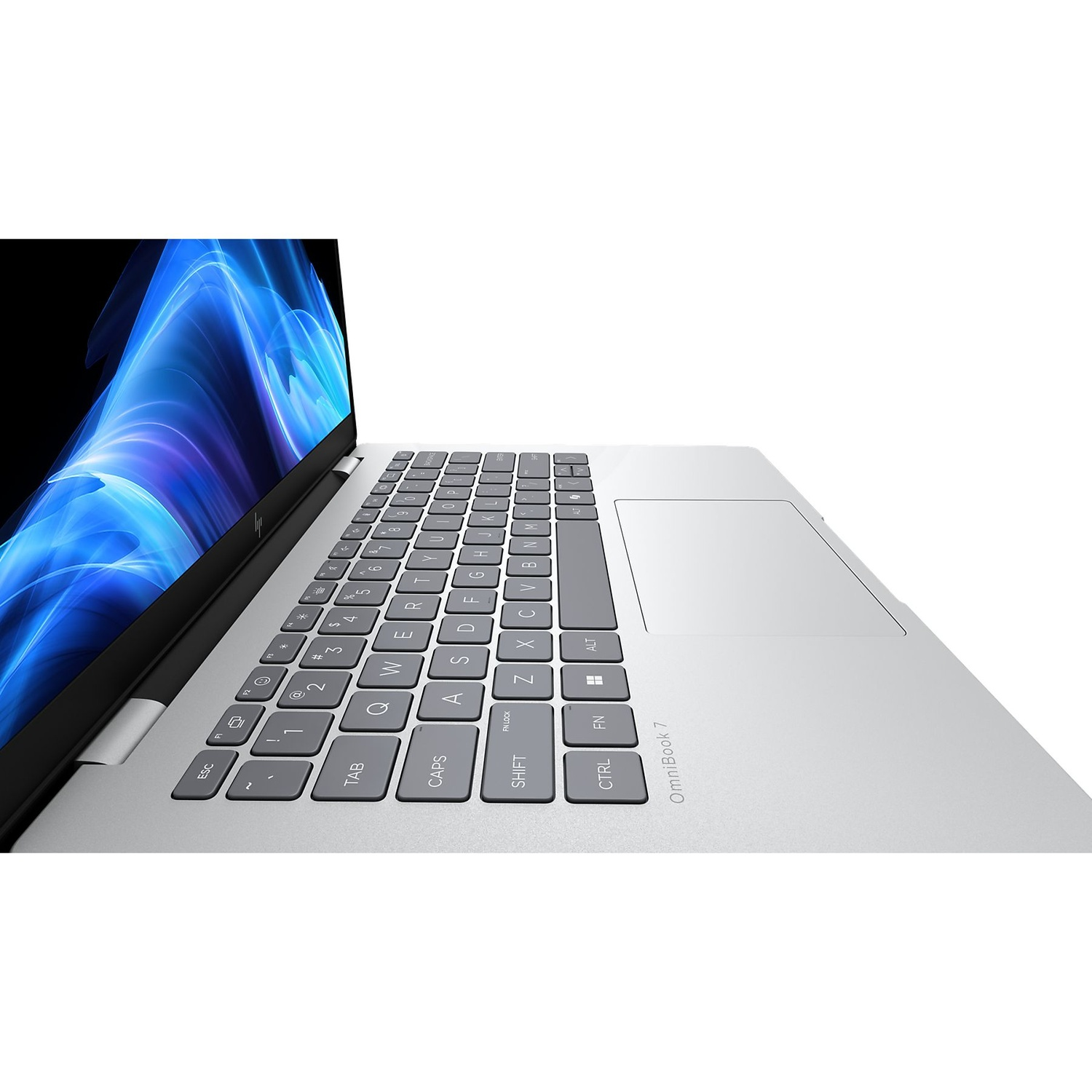 A silver laptop, slightly angled, shows the keyboard and screen displaying blue abstract art. The keyboard has grey keys.