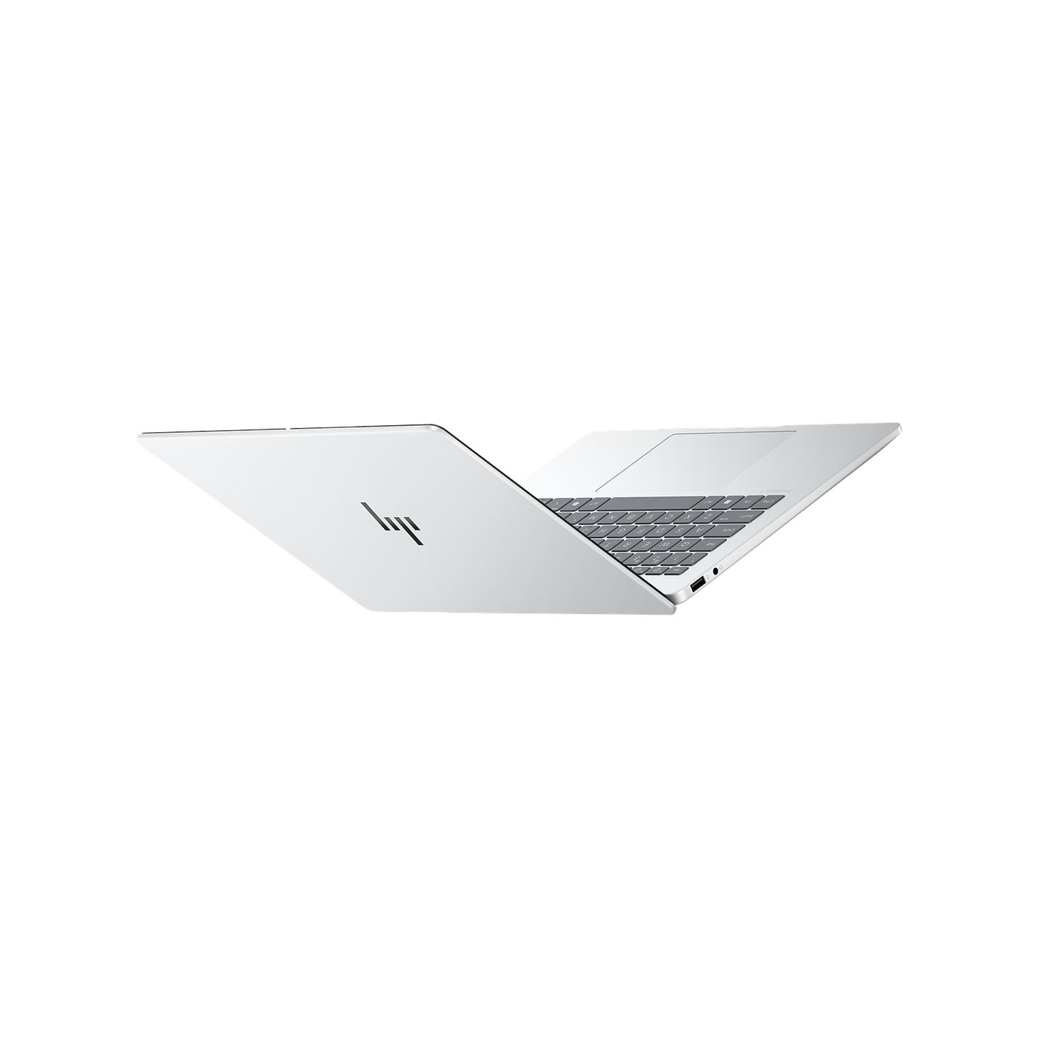 A white laptop is open on a white background. The keyboard and screen are visible. The HP logo is on the lid.