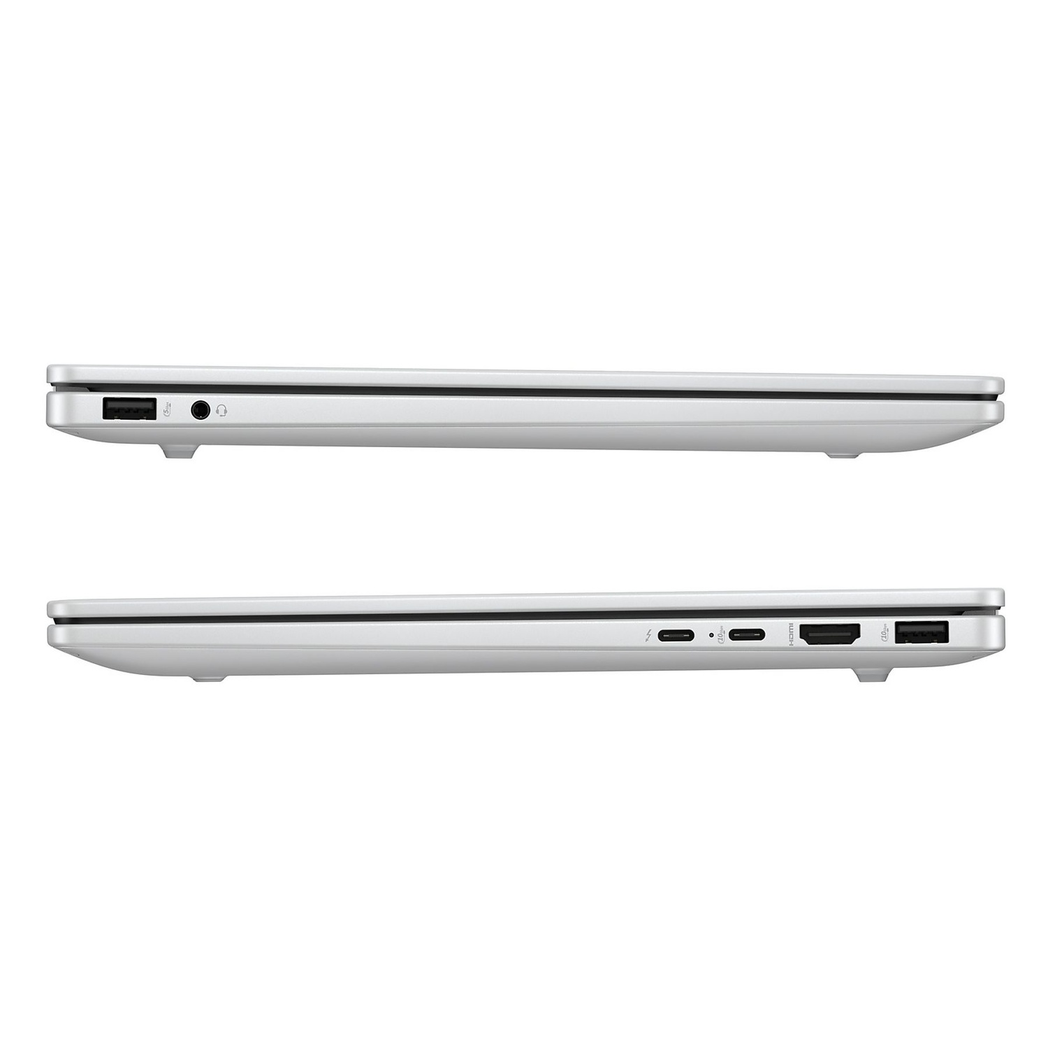 Side views of a silver laptop. Top shows audio and USB ports. Bottom shows power, Thunderbolt, USB, HDMI, and USB ports.