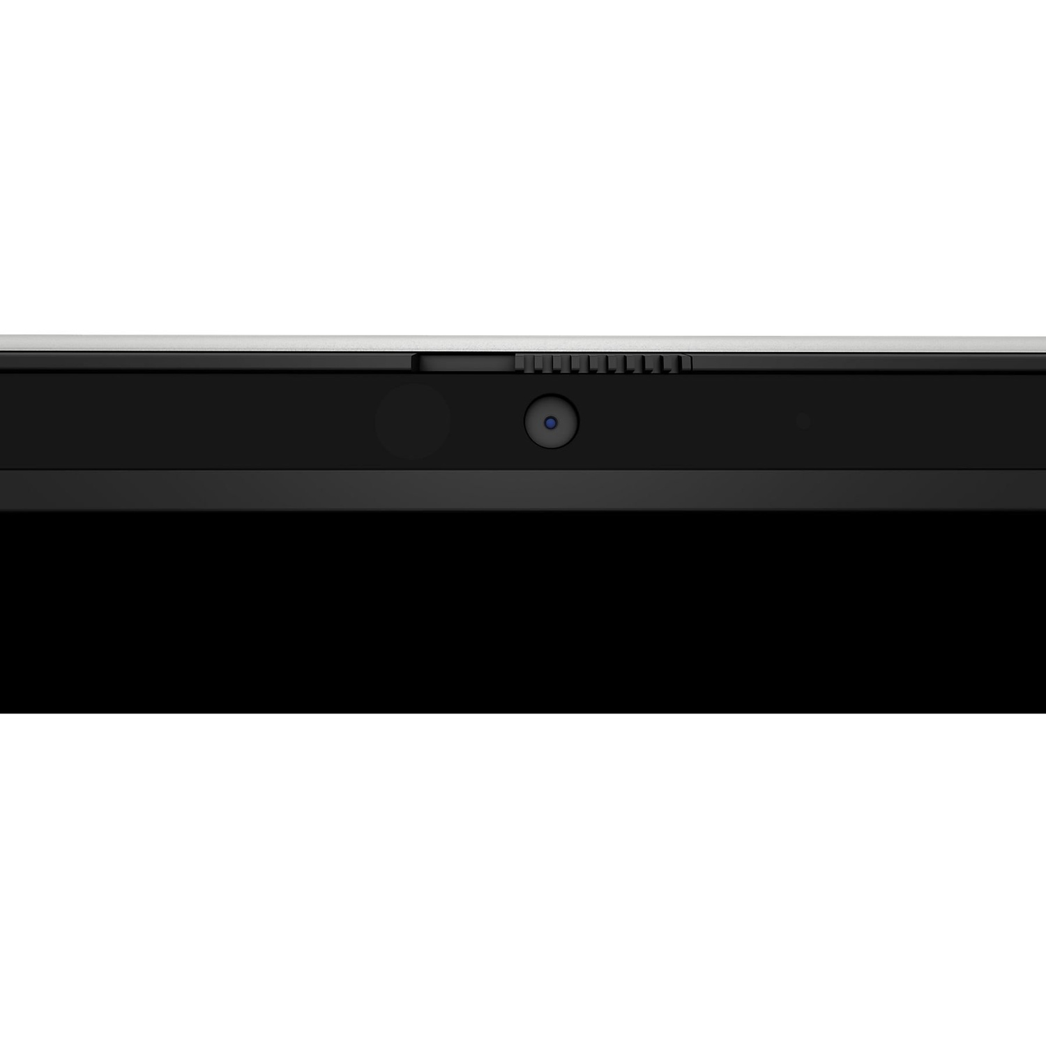 Close-up of a laptop's top edge. Shows webcam, microphone, and vents on a black bar. White background.