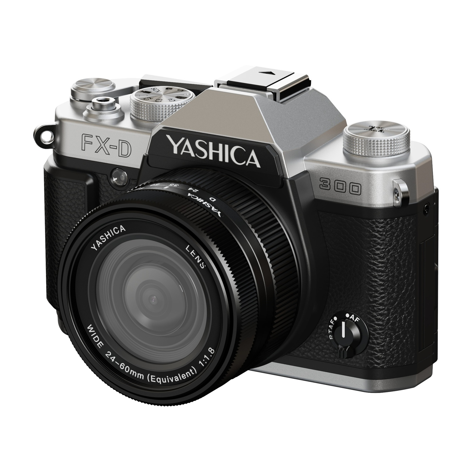 Una fotocamera Yashica FX-D 300, nera e argento, con un obiettivo. L'obiettivo ha la scritta 'Wide 24-60mm (Equivalent) 1:1.8'.