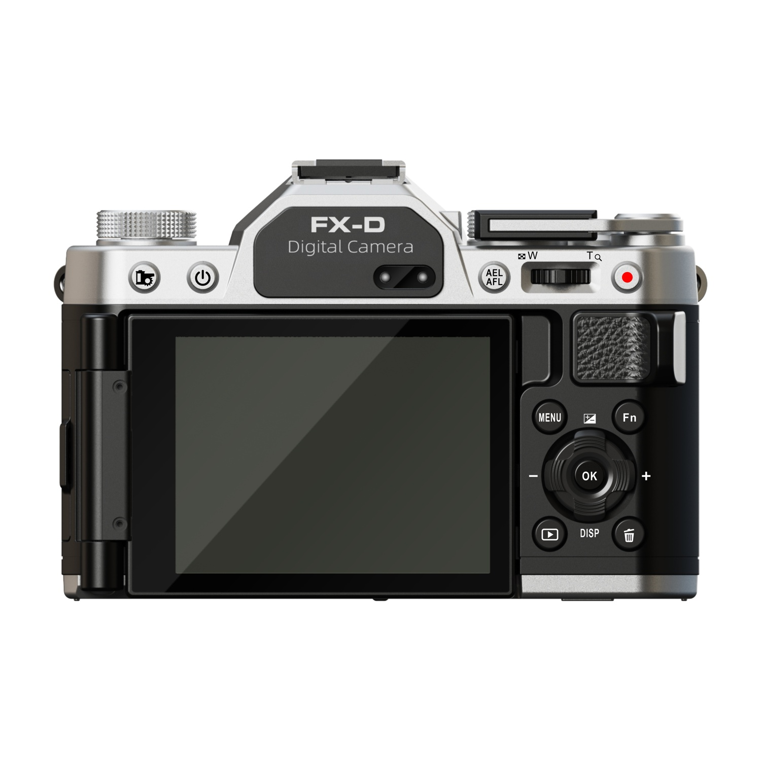 È mostrato il retro di una fotocamera digitale FX-D argento e nera. Ha uno schermo, pulsanti e quadranti. La fotocamera è su sfondo bianco.