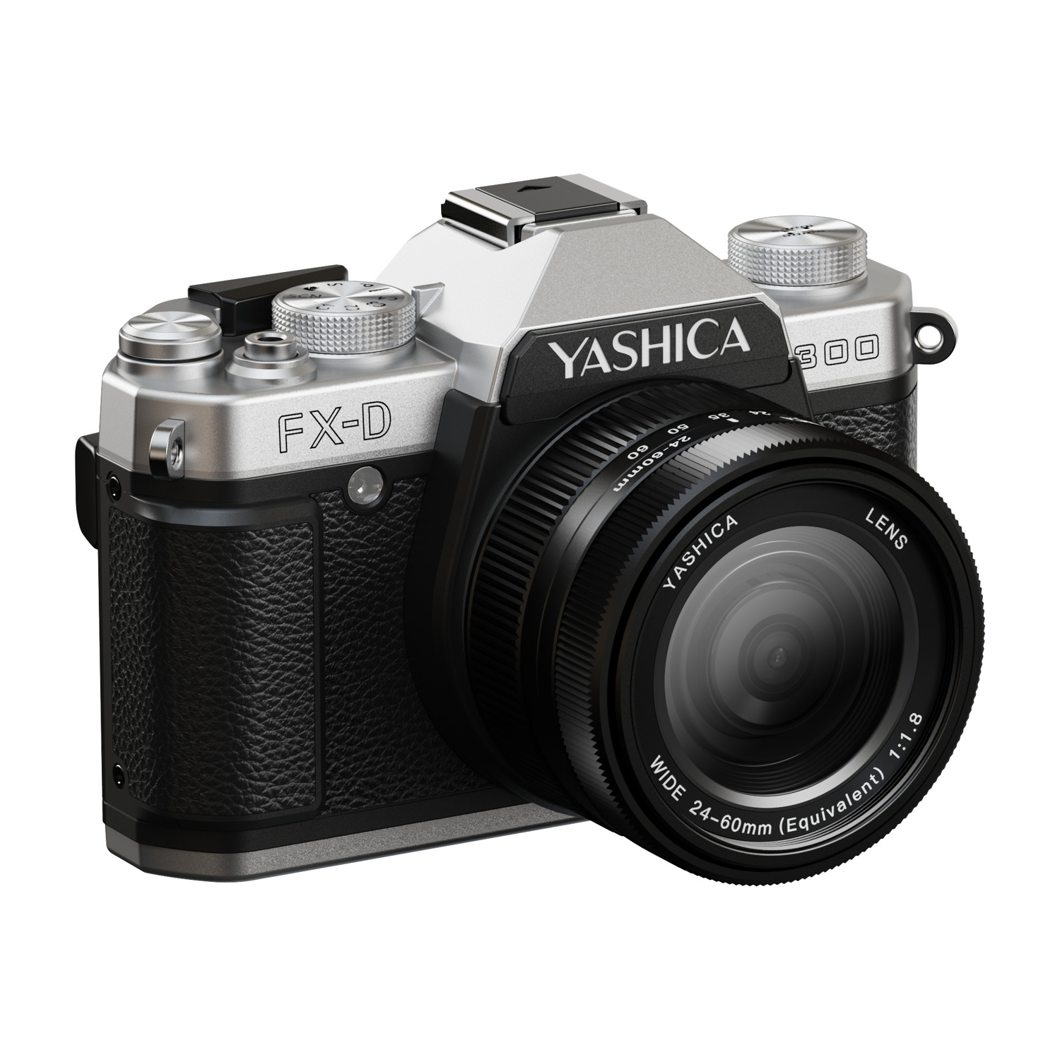 Una fotocamera Yashica FX-D, nera e argento, con un obiettivo. L'obiettivo è nero, con le parole 'Yashica' e 'lens'.