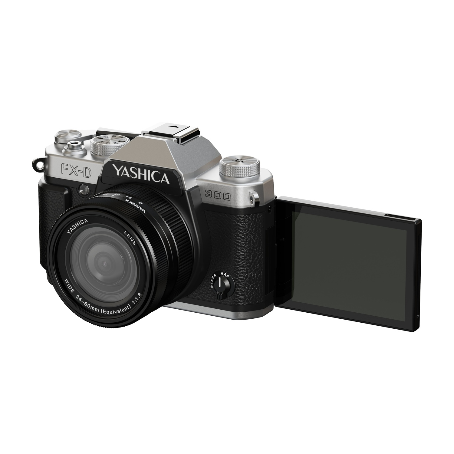 Una fotocamera Yashica FX-D 300 argento e nera con obiettivo e schermo aperto. Sull'obiettivo sono presenti le scritte 'YASHICA' e 'LENS'.