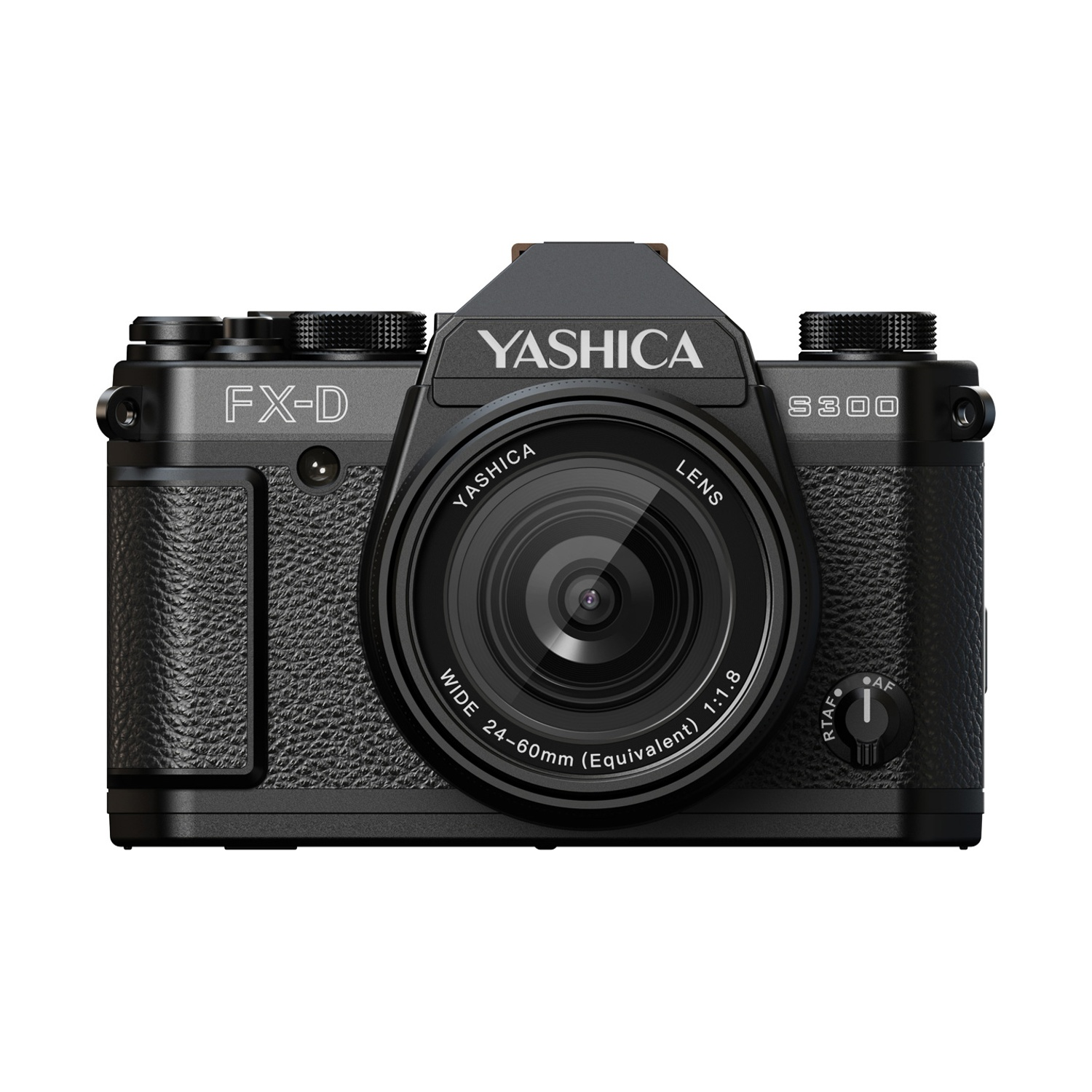 Una fotocamera Yashica FX-D nera con obiettivo, comandi e nome del marchio visibili. L'obiettivo è etichettato 'Wide 24-60mm'.