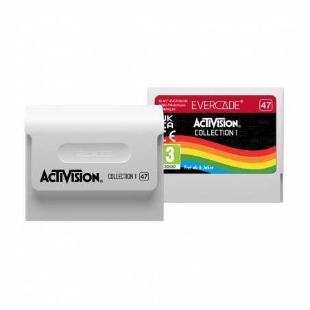 Dos cartuchos de juego Evercade blancos. Uno está abierto, con la etiqueta 'Activision Collection 1' y un arcoíris. El otro está cerrado.