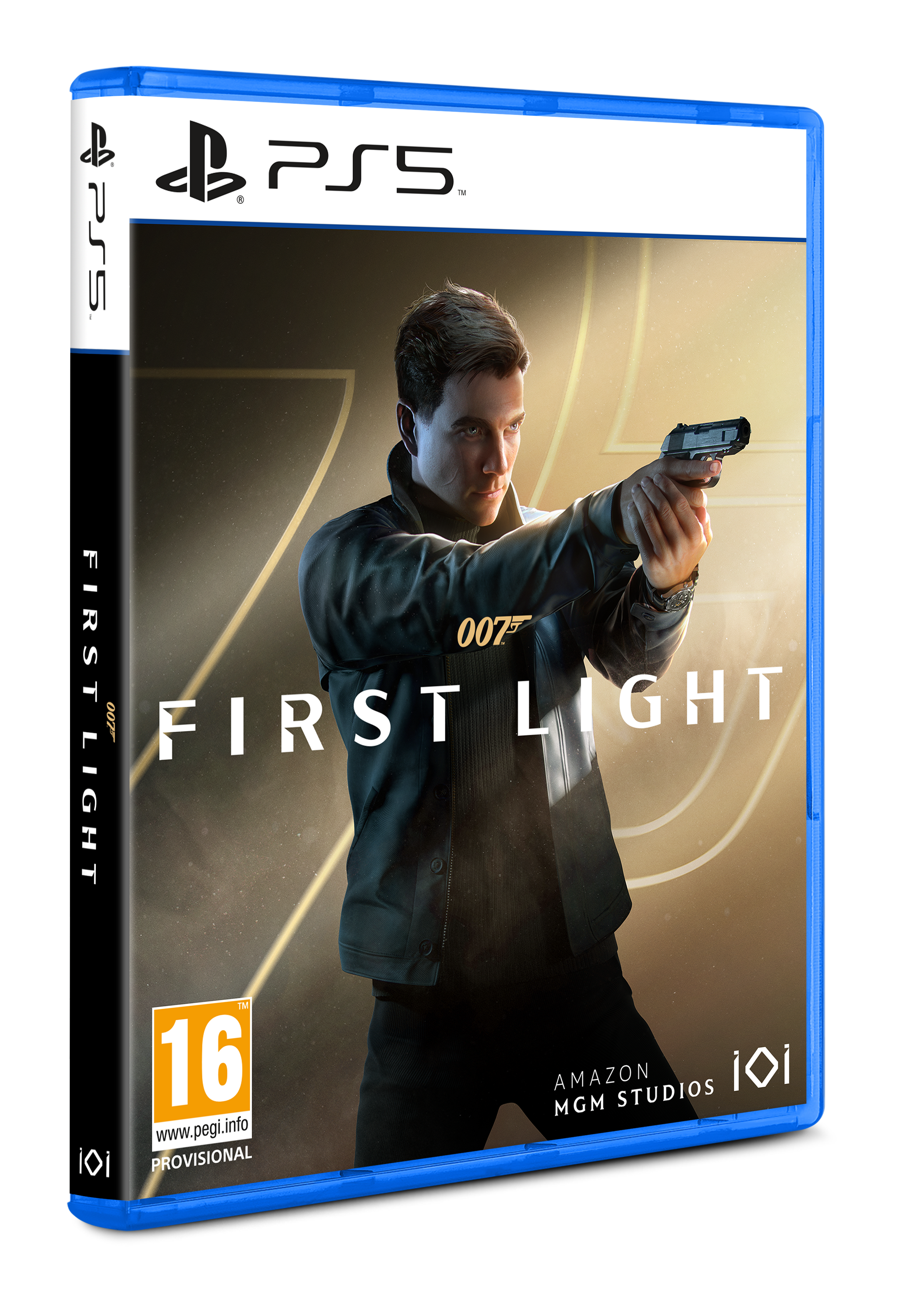 La carátula del juego 'First Light' muestra a un hombre sosteniendo una pistola. La caja de la PS5 es azul.