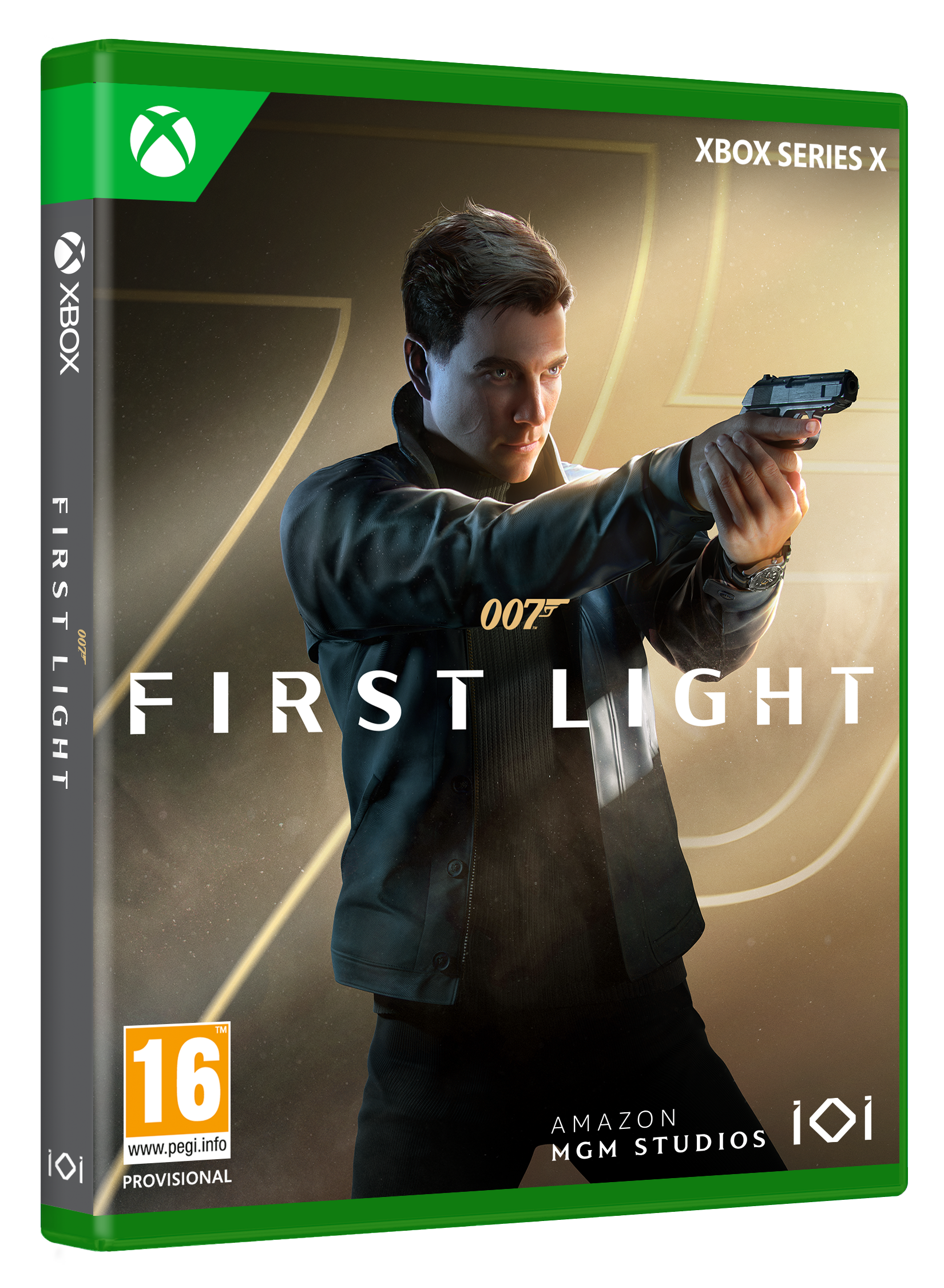 Caja del juego 'First Light', con un hombre sosteniendo un arma. El logo de Xbox y '007' son visibles.