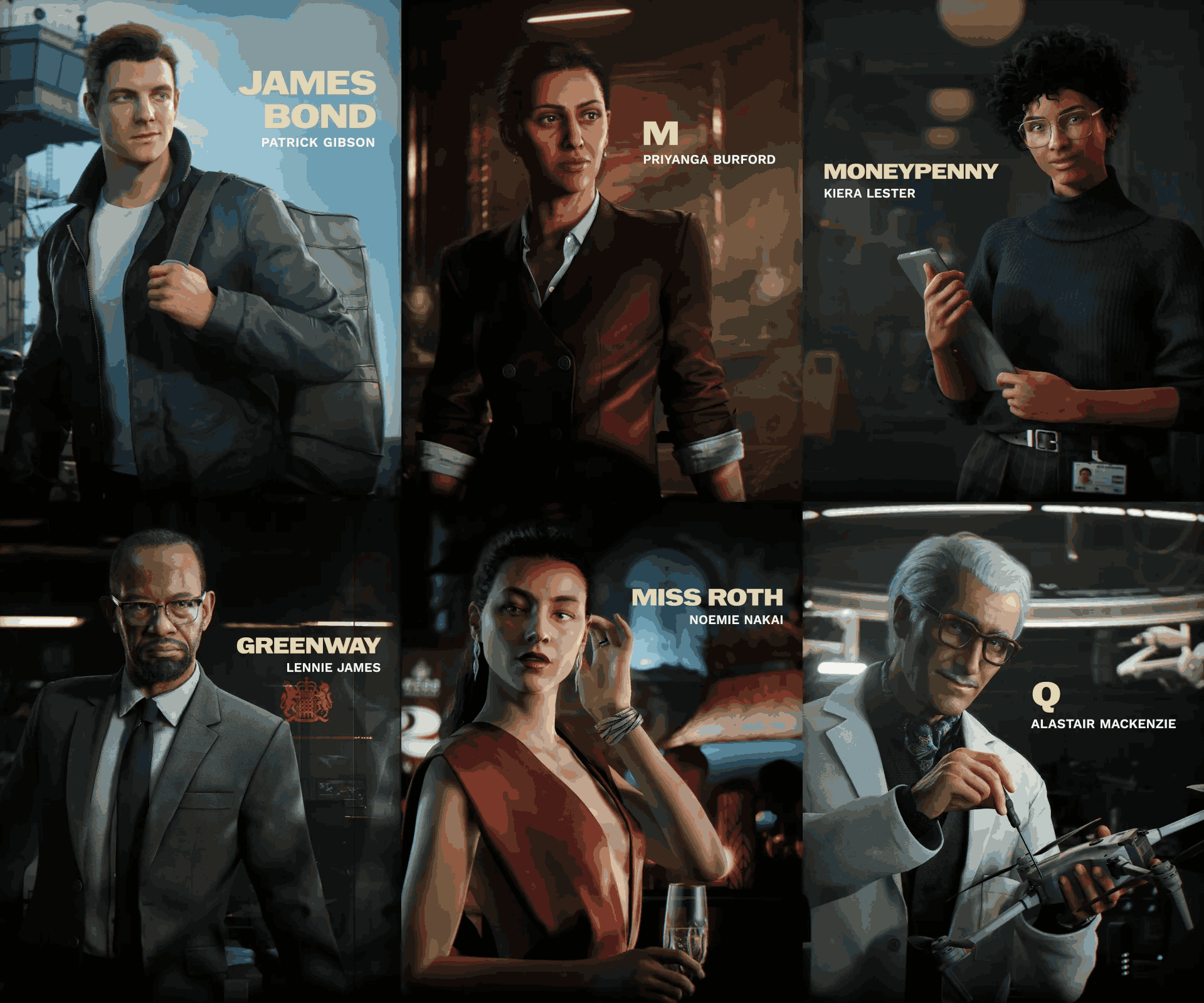 Seis retratos de personajes: James Bond, M, Moneypenny, Greenway, Miss Roth y Q. Cada uno con nombres.