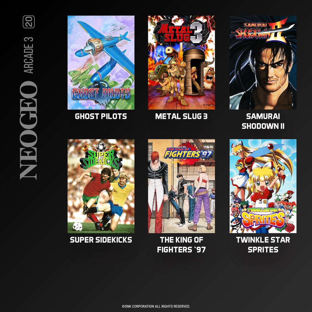Se muestran seis portadas de juegos: Ghost Pilots, Metal Slug 3, Samurai Shodown II, Super Sidekicks, The King of Fighters '97 y Twinkle Star Sprites.