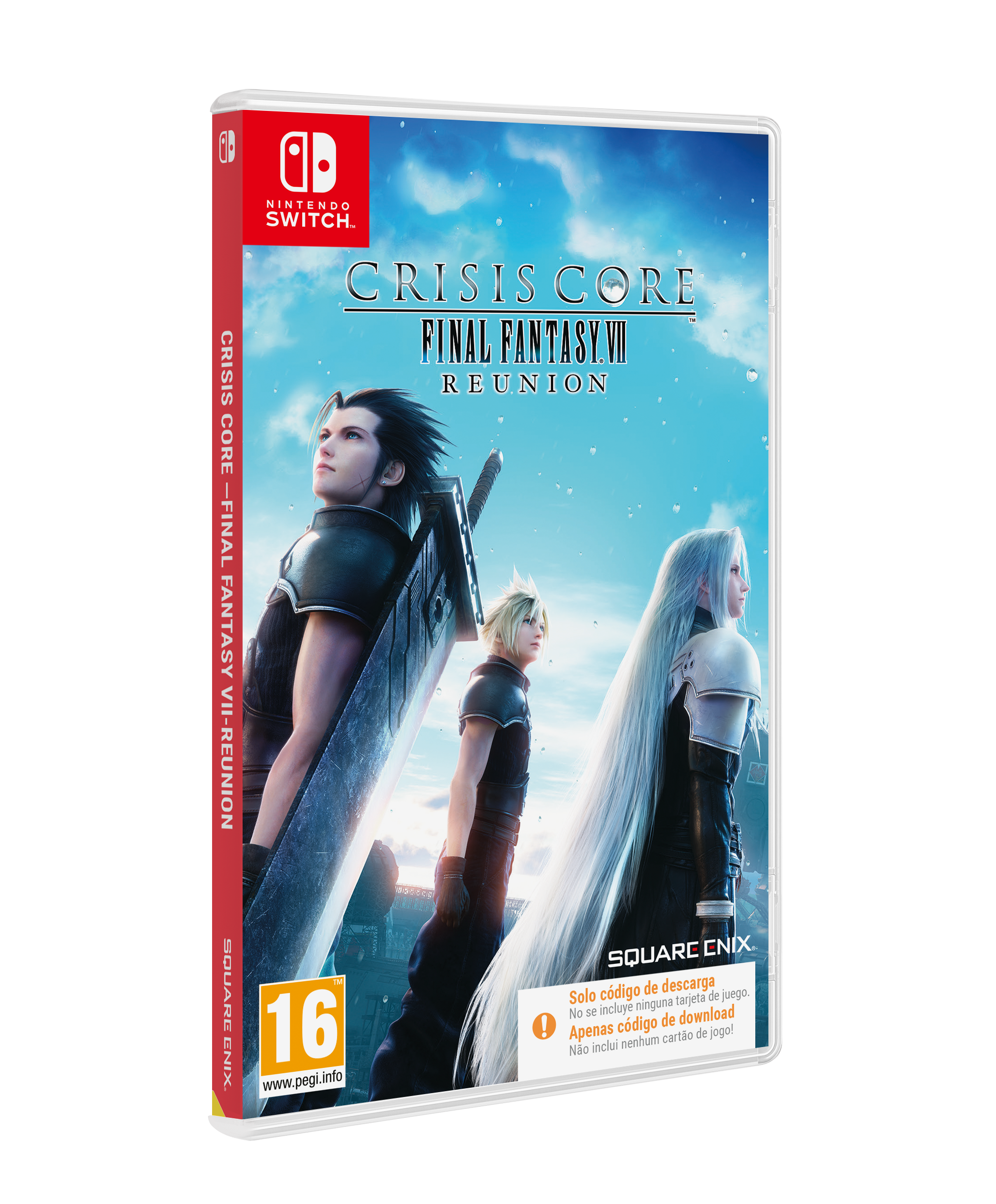 Portada del juego Crisis Core: Final Fantasy VII Reunion. Con tres personajes, fondo de cielo azul y el título del juego.