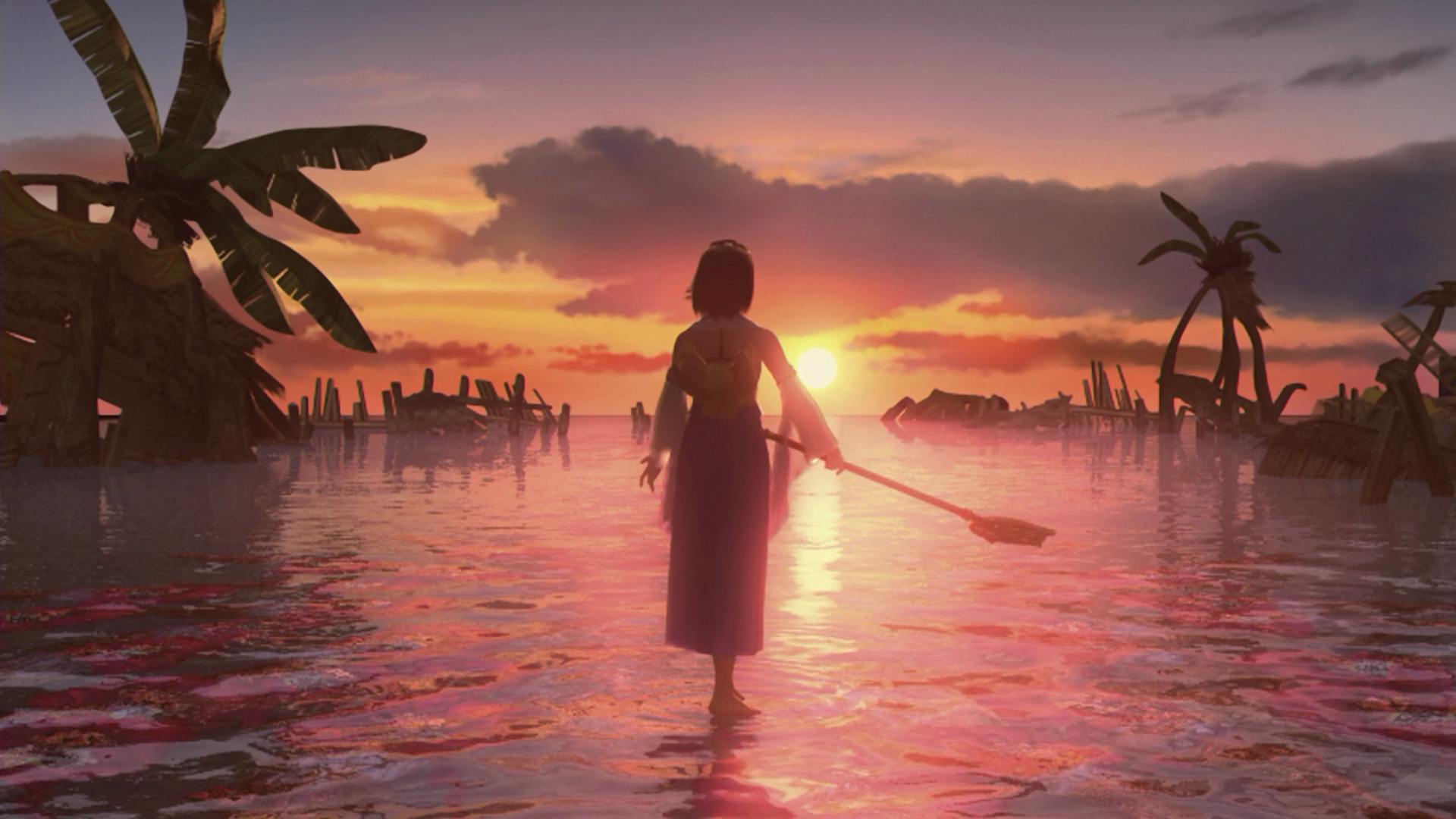 Una mujer está en el agua con una paleta, mirando una puesta de sol. Palmeras y estructuras de madera la rodean. El cielo es naranja y rosa.