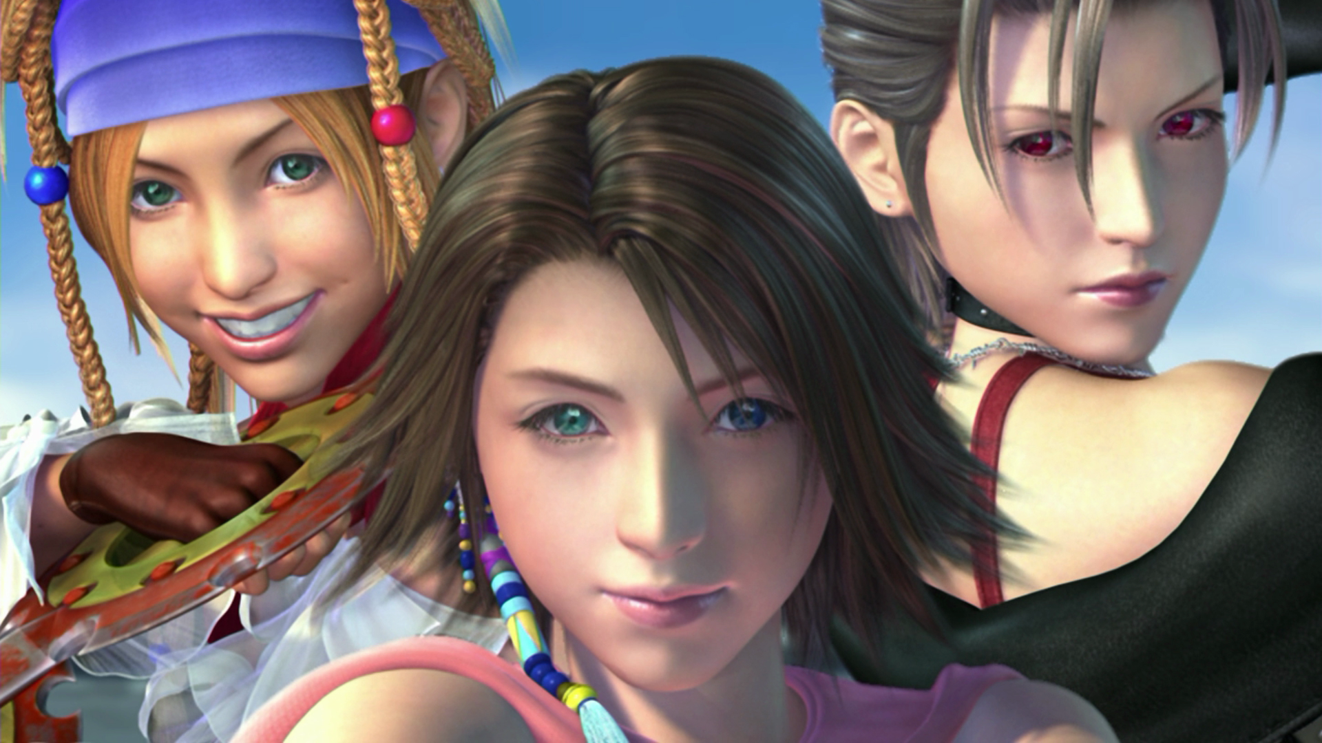 Tres mujeres de anime mirando a la cámara. Una sonriendo, otra con ojos rojos y expresión seria. Otra con ojos azules, con aspecto tranquilo.