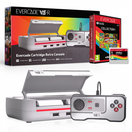 Consola Evercade VS-R con mando, caja y cartucho de juego. Acentos grises y rojos. Incluye una caja de colección de juegos.