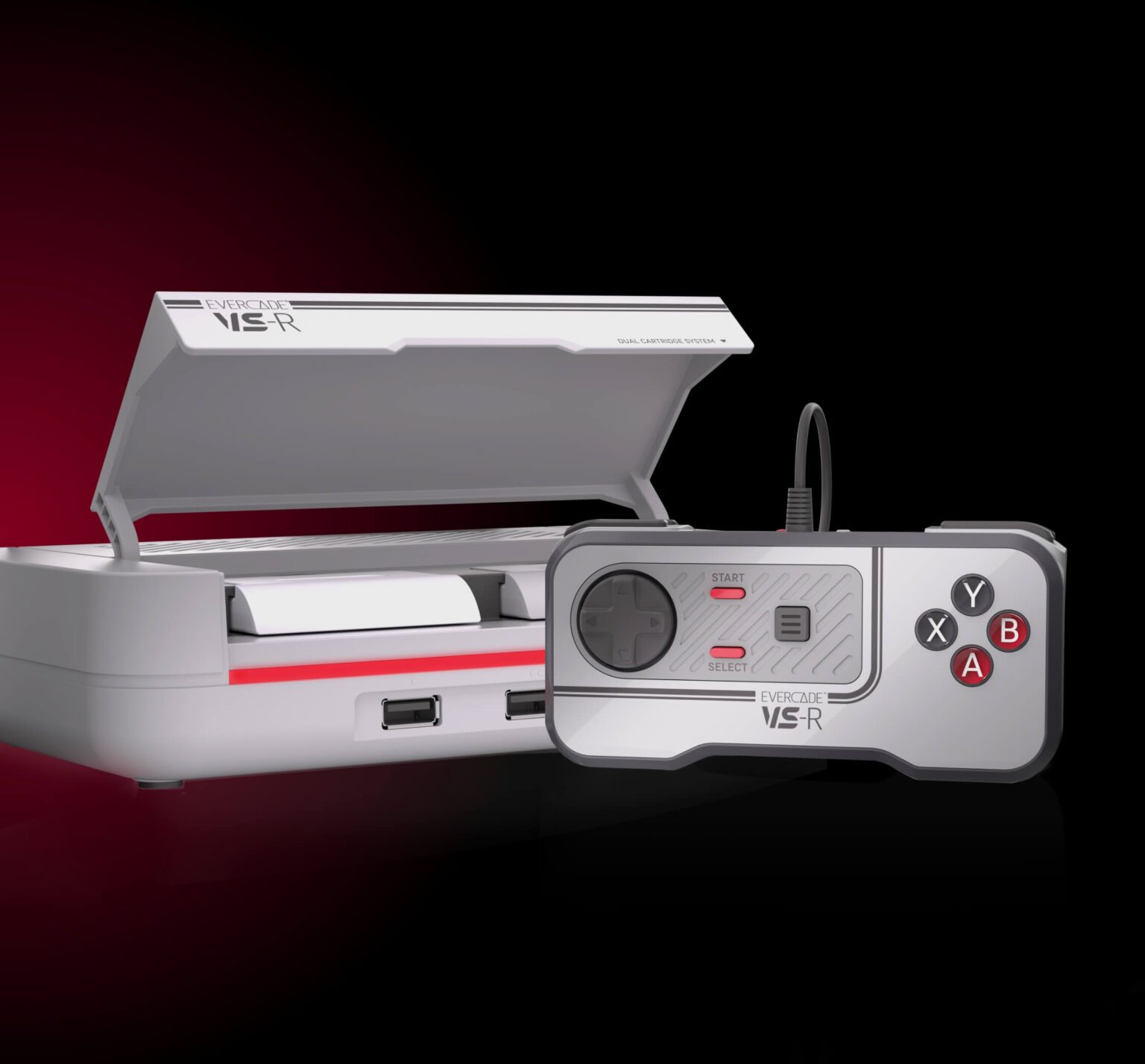 Una consola de juegos Evercade VS-R con un controlador. La consola es blanca con detalles rojos y una tapa abatible. El controlador es gris.