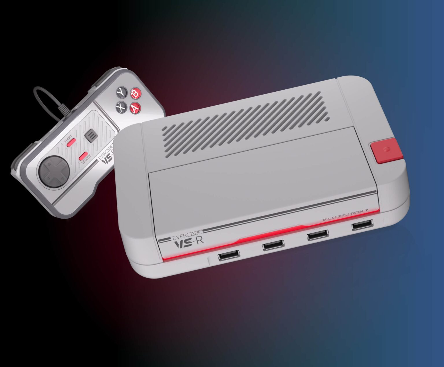 Una consola y un mando grises Evercade VS-R sobre un fondo degradado. El mando tiene botones rojos, la consola detalles rojos.