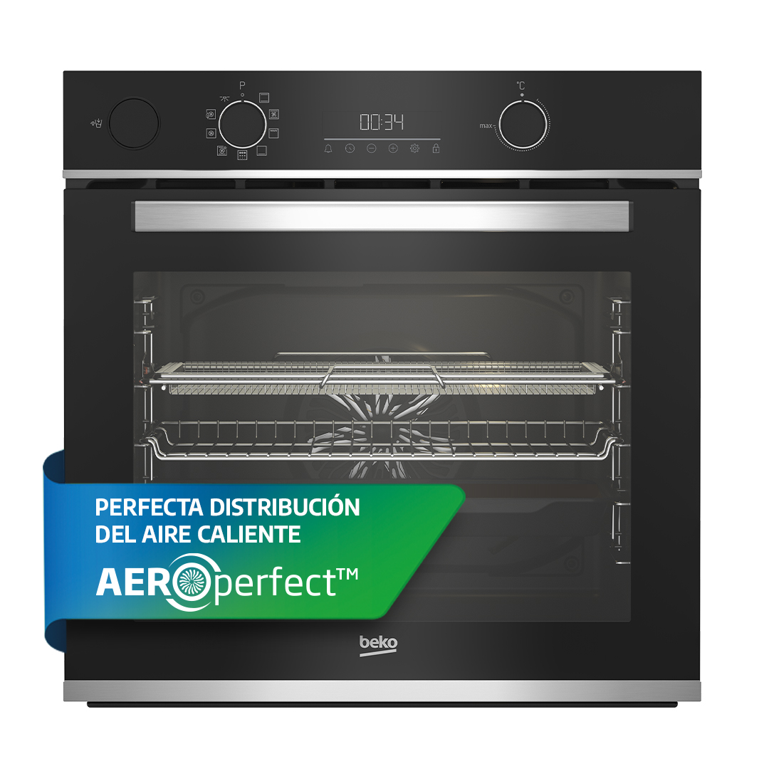 Un horno Beko negro con pantalla digital y una pancarta que dice 'PERFECTA DISTRIBUCIÓN DEL AIRE CALIENTE AERO perfect'.