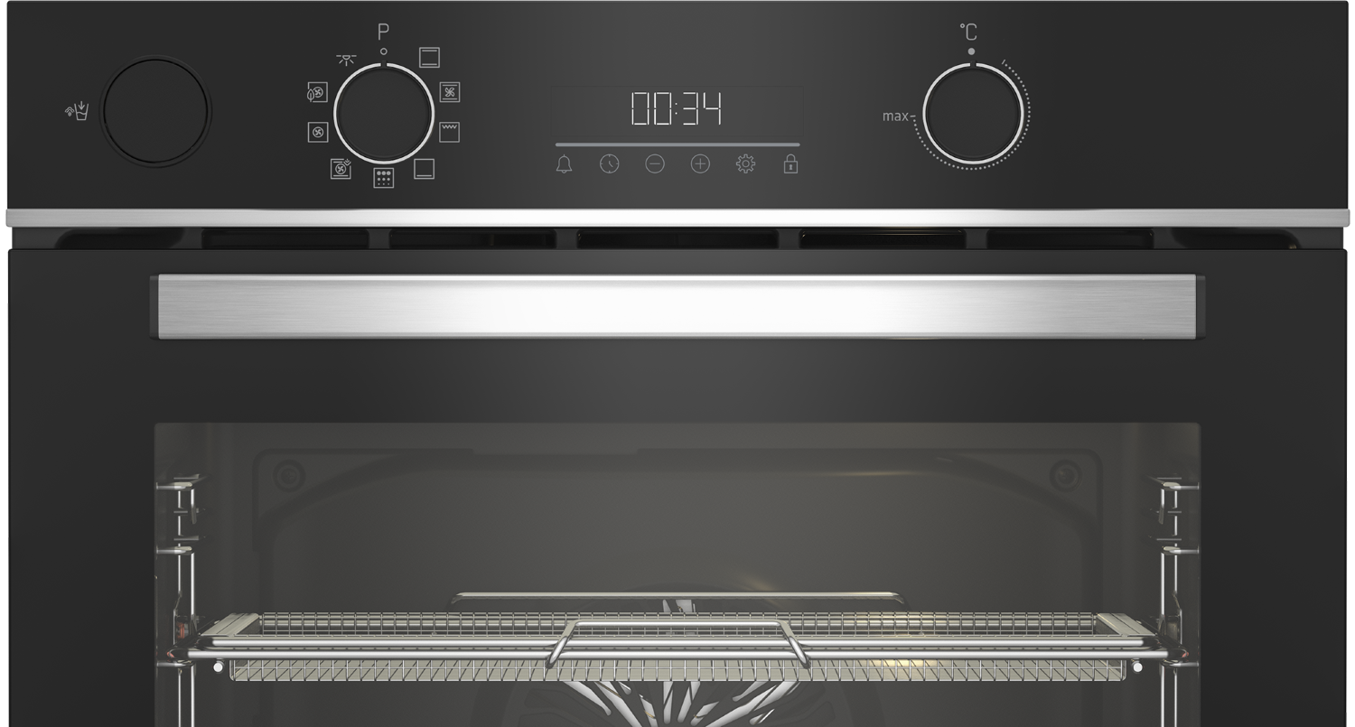 Un horno negro con pantalla digital 00:34, mandos y asa de acero. La puerta está abierta, mostrando el interior.