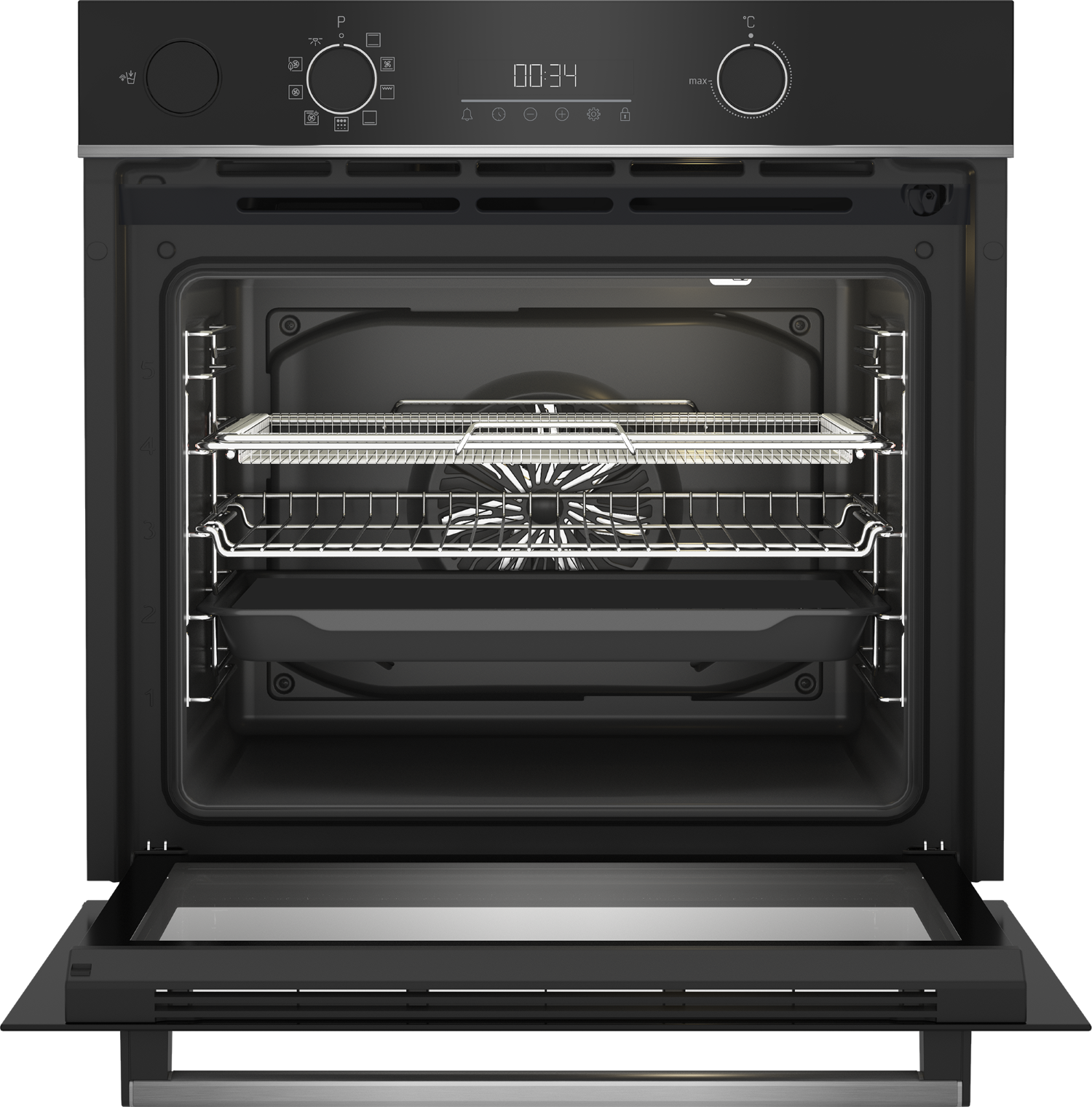 Horno negro abierto que muestra rejillas y bandeja interiores. La pantalla digital muestra la hora. Controles y dial de temperatura visibles arriba.