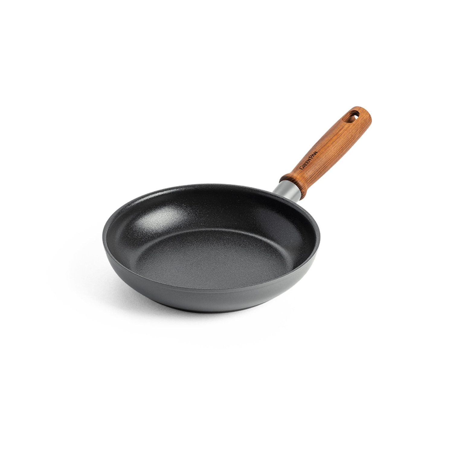 A black frying pan with a wooden handle. The pan is on a white background. The handle is light brown.