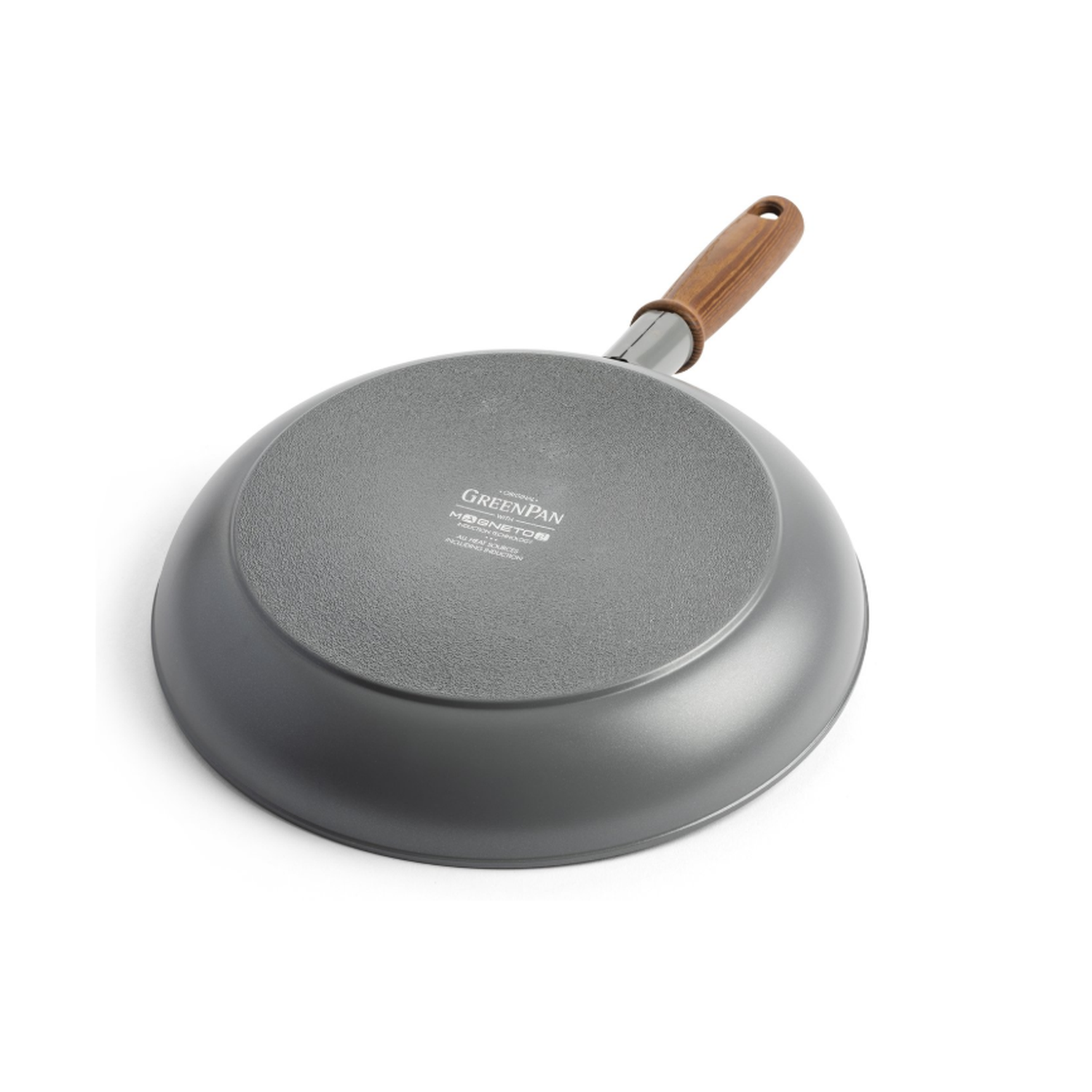 A gray frying pan with a wooden handle is shown from the bottom. The pan is slightly tilted, and the bottom is visible.