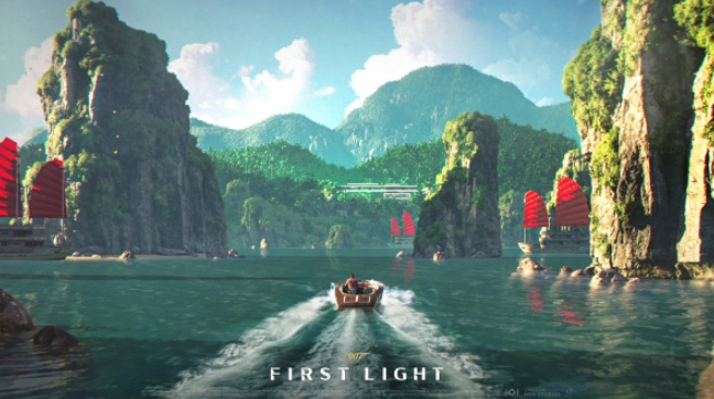 Ein Boot fährt auf Wasser in Richtung Berge und Schiffe mit roten Segeln. Der Himmel ist blau. Die Worte 'FIRST LIGHT' werden angezeigt.