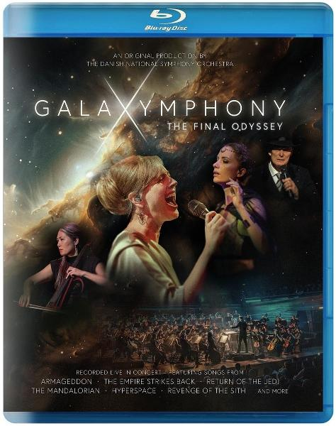 Blu-ray-Cover für GalaXymphony. Mit Sängern, Dirigenten und Orchester. Text enthält Filmtitel wie Star Wars und Armageddon.
