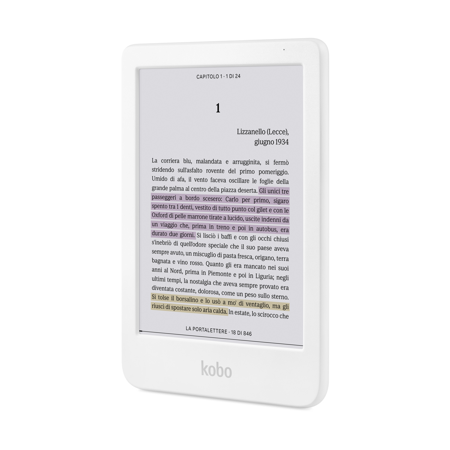 Un e-reader mostra un testo in italiano. Il dispositivo è bianco con schermo nero. Il testo parla di una fermata dell'autobus e di un uomo.
