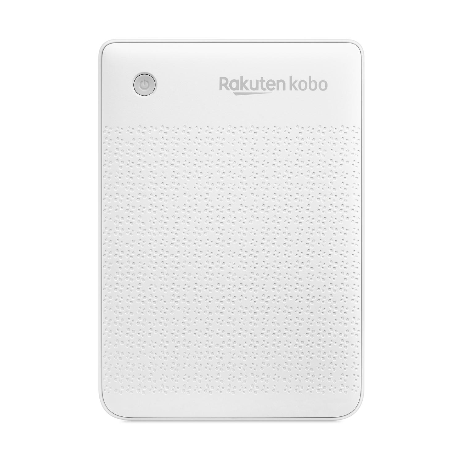 Un e-reader Rakuten Kobo bianco. Ha un pulsante di accensione, il nome del marchio e un motivo strutturato.