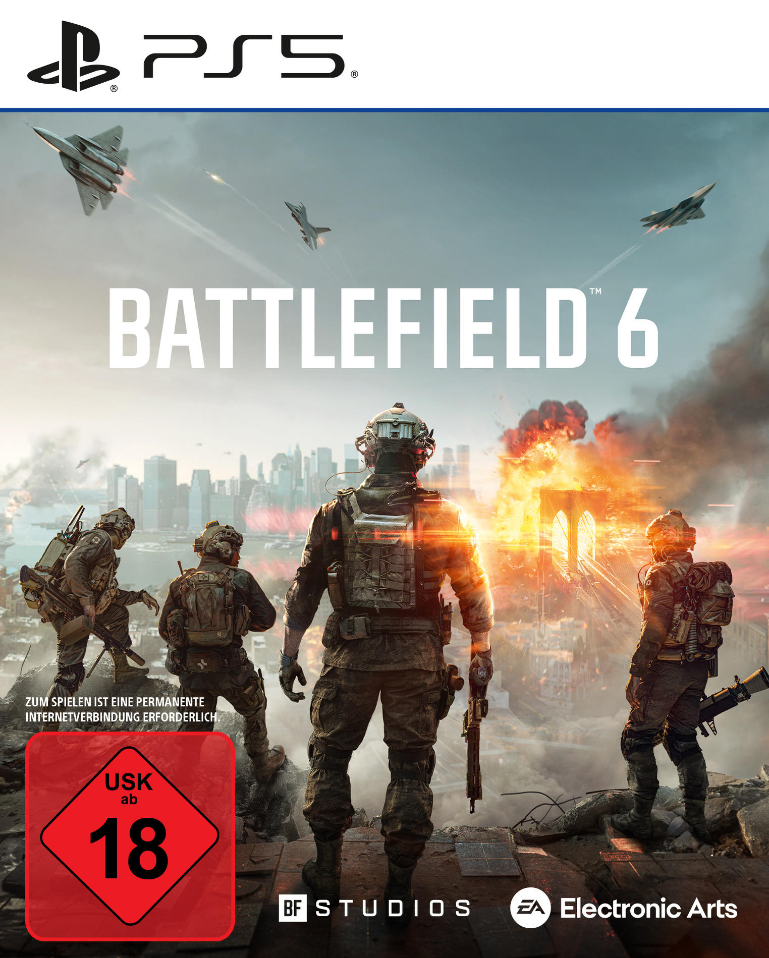 Cover-Art für Battlefield 6. Soldaten stehen vor einer Stadtkulisse mit Jets am Himmel. Ein Altersfreigabe-Aufkleber ist sichtbar.
