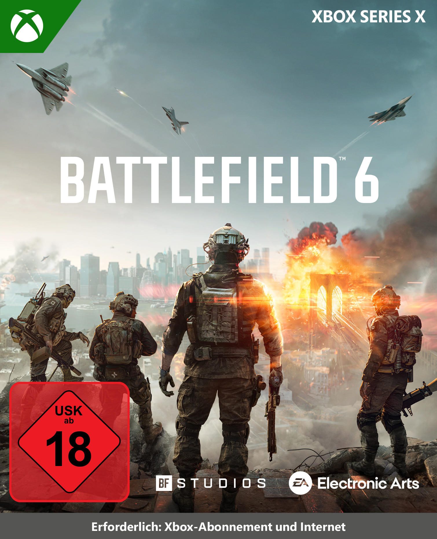 Spielcover mit Soldaten, Jets und Explosionen. Der Titel 'Battlefield 6' ist prominent, mit einer Altersfreigabe von 18.