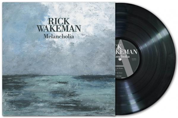 Albumcover von Rick Wakemans Melancholia. Kunstwerk zeigt ein Boot auf einem Meer unter einem bewölkten Himmel. Auf der rechten Seite befindet sich eine Schallplatte.