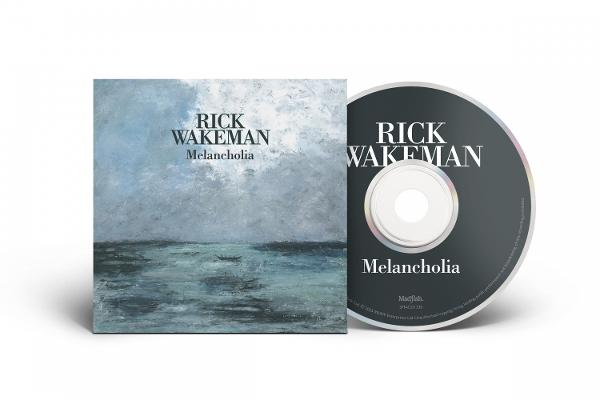 CD-Cover und Disc für Rick Wakemans 'Melancholia'. Cover-Art: eine Meereslandschaft unter bewölktem Himmel. Disc: schwarz mit weißem Text.