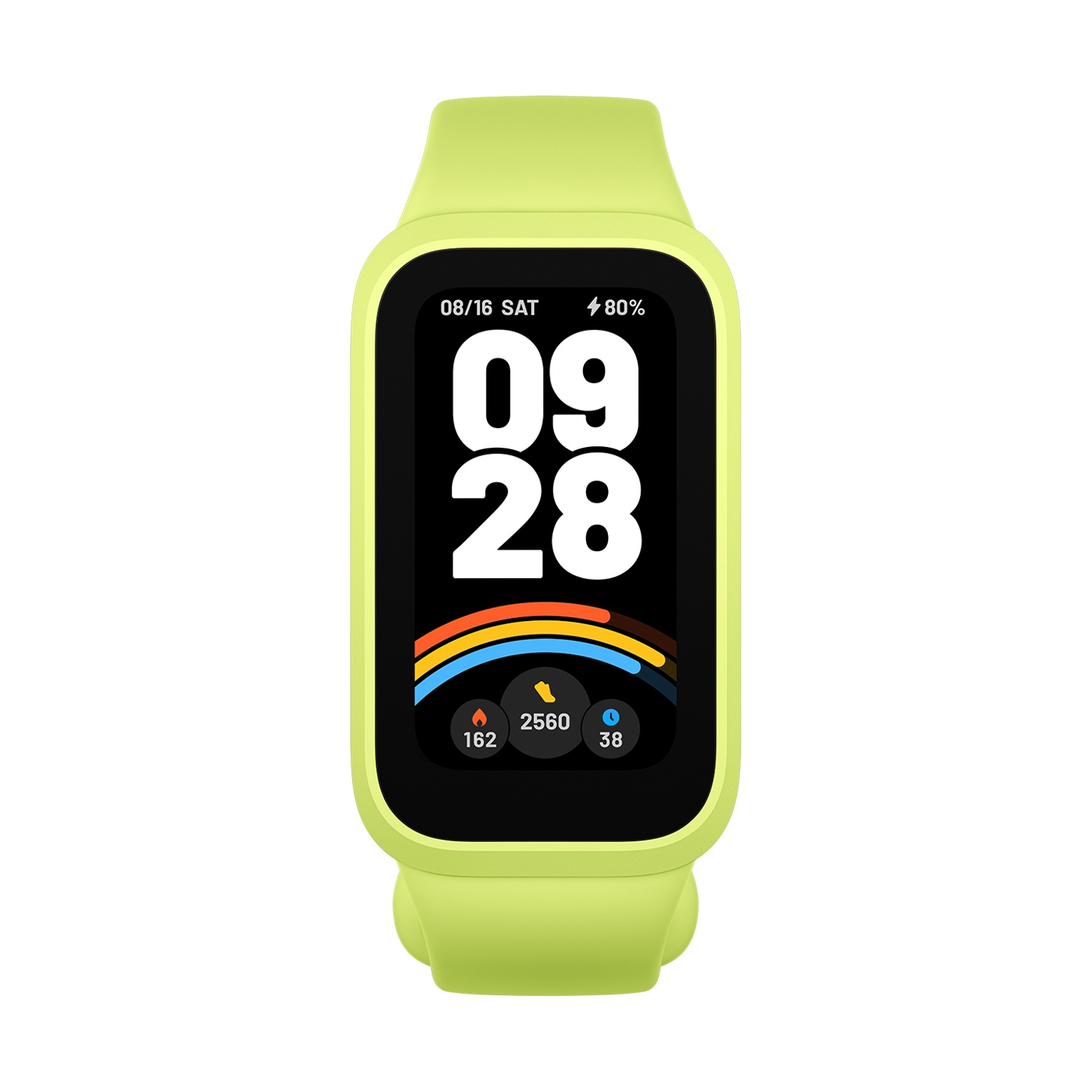 Uno smartwatch verde lime che mostra l'ora 09:28, la data 16/08 e la batteria all'80%. Mostra passi, calorie e frequenza cardiaca.