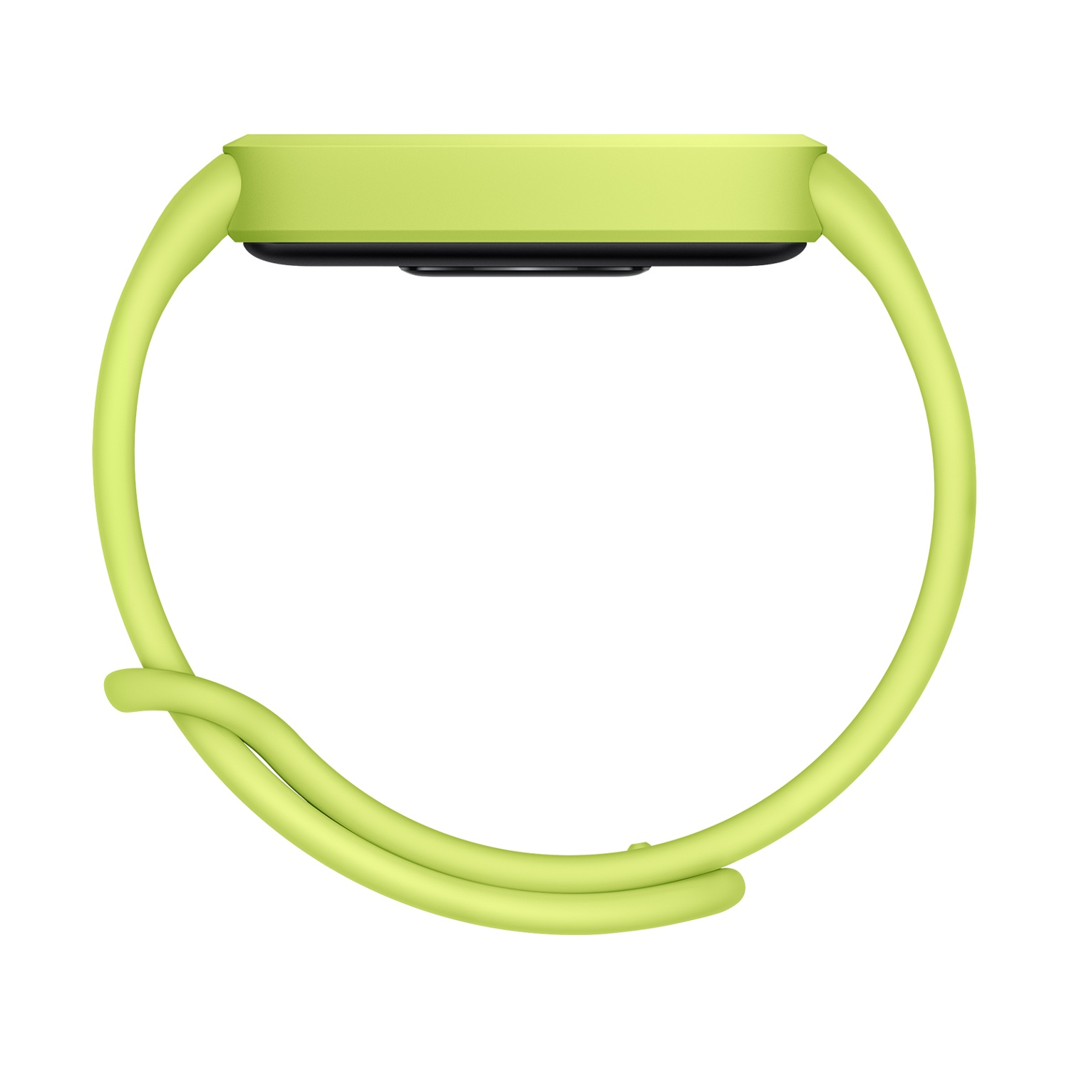 Uno smartwatch verde lime con schermo circolare e cinturino abbinato è mostrato su sfondo bianco. Il cinturino forma un anello.