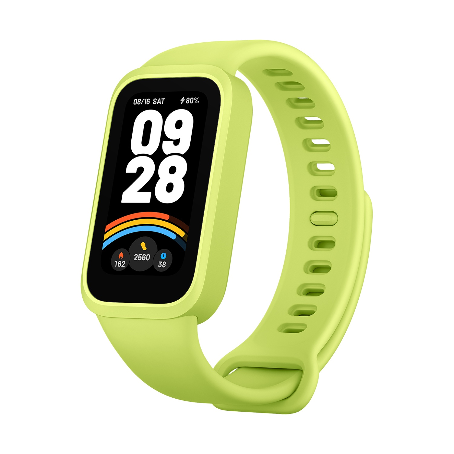 Uno smartwatch verde lime con schermo curvo mostra ora e statistiche. Il cinturino è perforato per la regolazione ed è anch'esso verde lime.