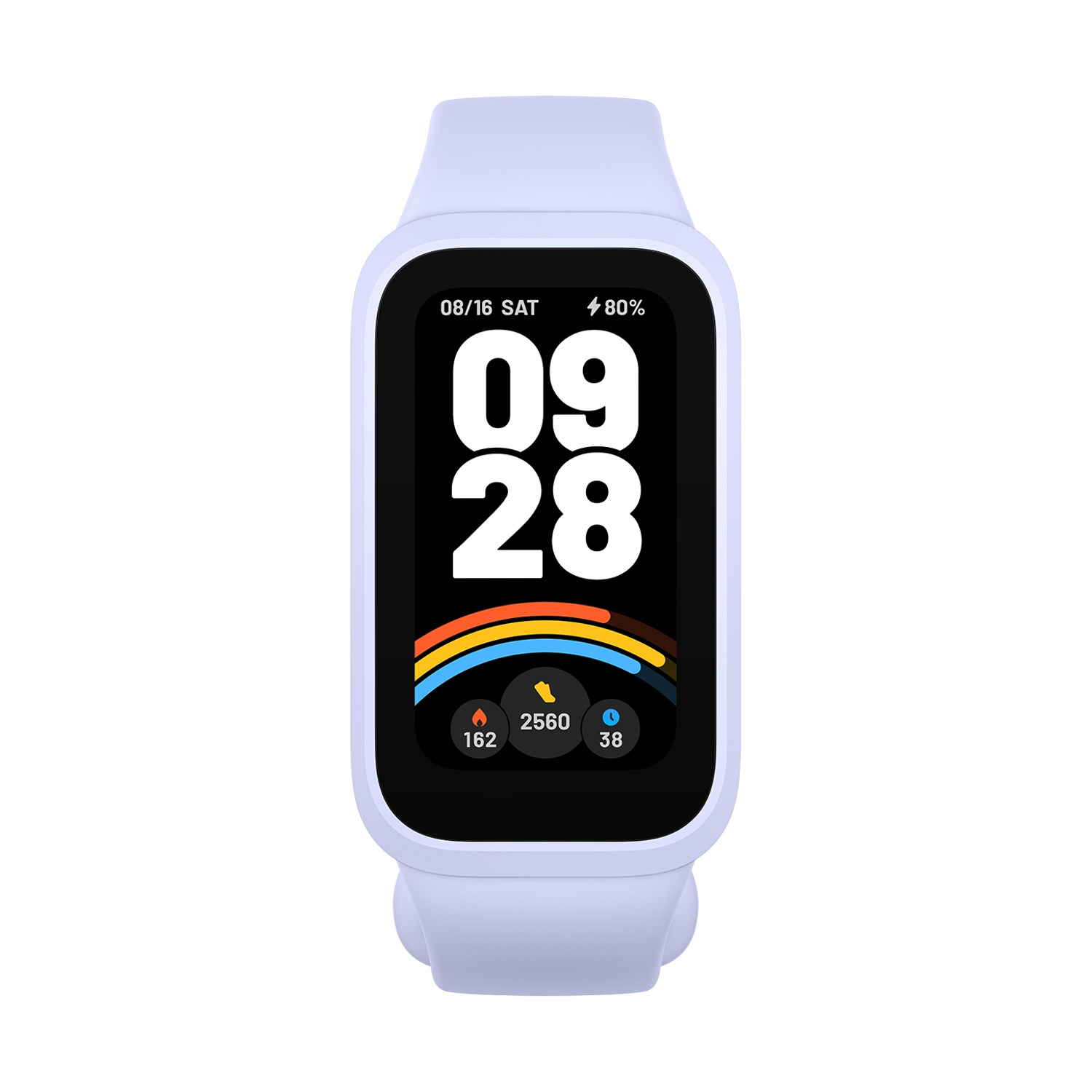 Uno smartwatch lilla chiaro mostra l'ora 09:28, batteria 80%, data 08/16 Sab, passi 2560, frequenza cardiaca 38, calorie 162.