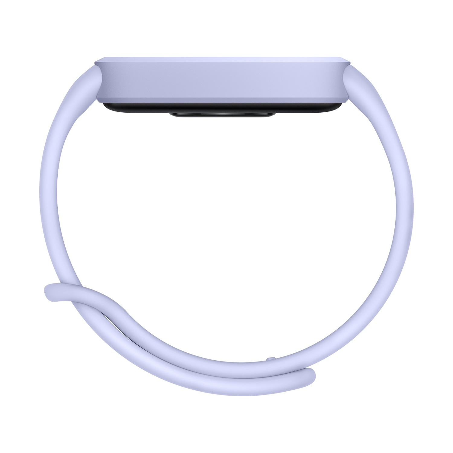 Uno smartwatch viola chiaro con schermo circolare e cinturino abbinato. Il cinturino forma un cerchio completo.
