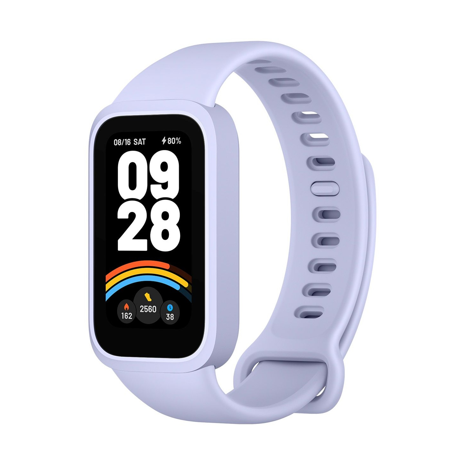 Uno smartwatch lilla chiaro con schermo nero che mostra ora, data, livello batteria e dati attività. Anche il cinturino è lilla chiaro.
