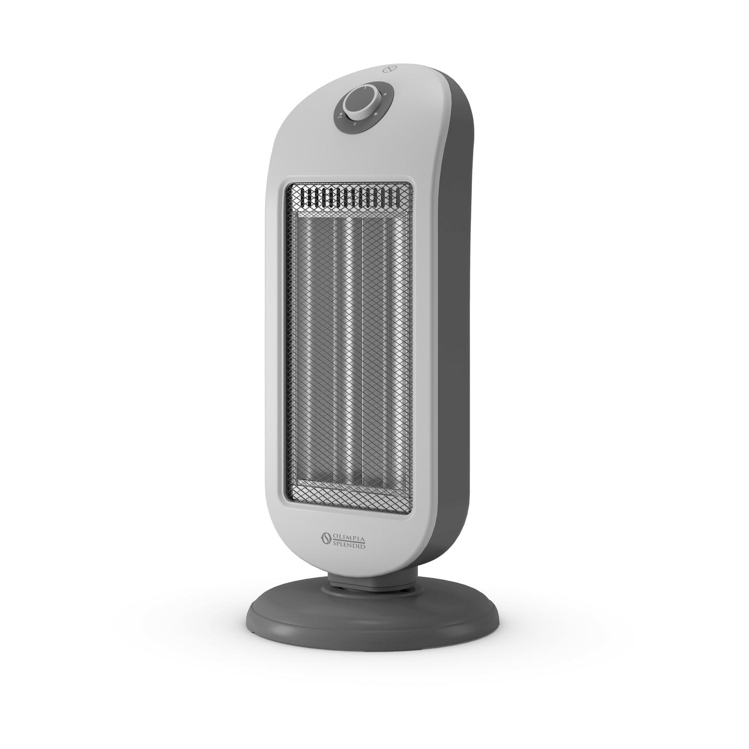 Un termoventilatore elettrico bianco e grigio su una superficie bianca. Ha una manopola in alto e una griglia frontale.