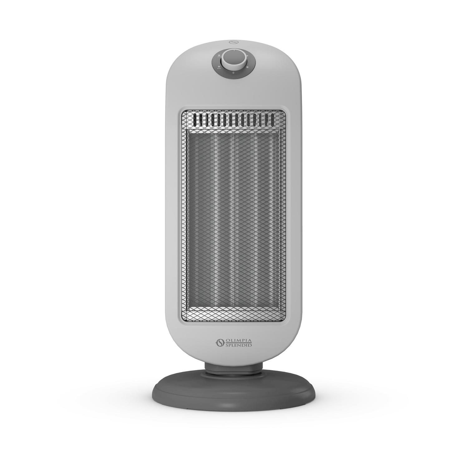 Un termoventilatore elettrico bianco e grigio, con base rotonda e corpo ovale. Ha una griglia metallica e una manopola.